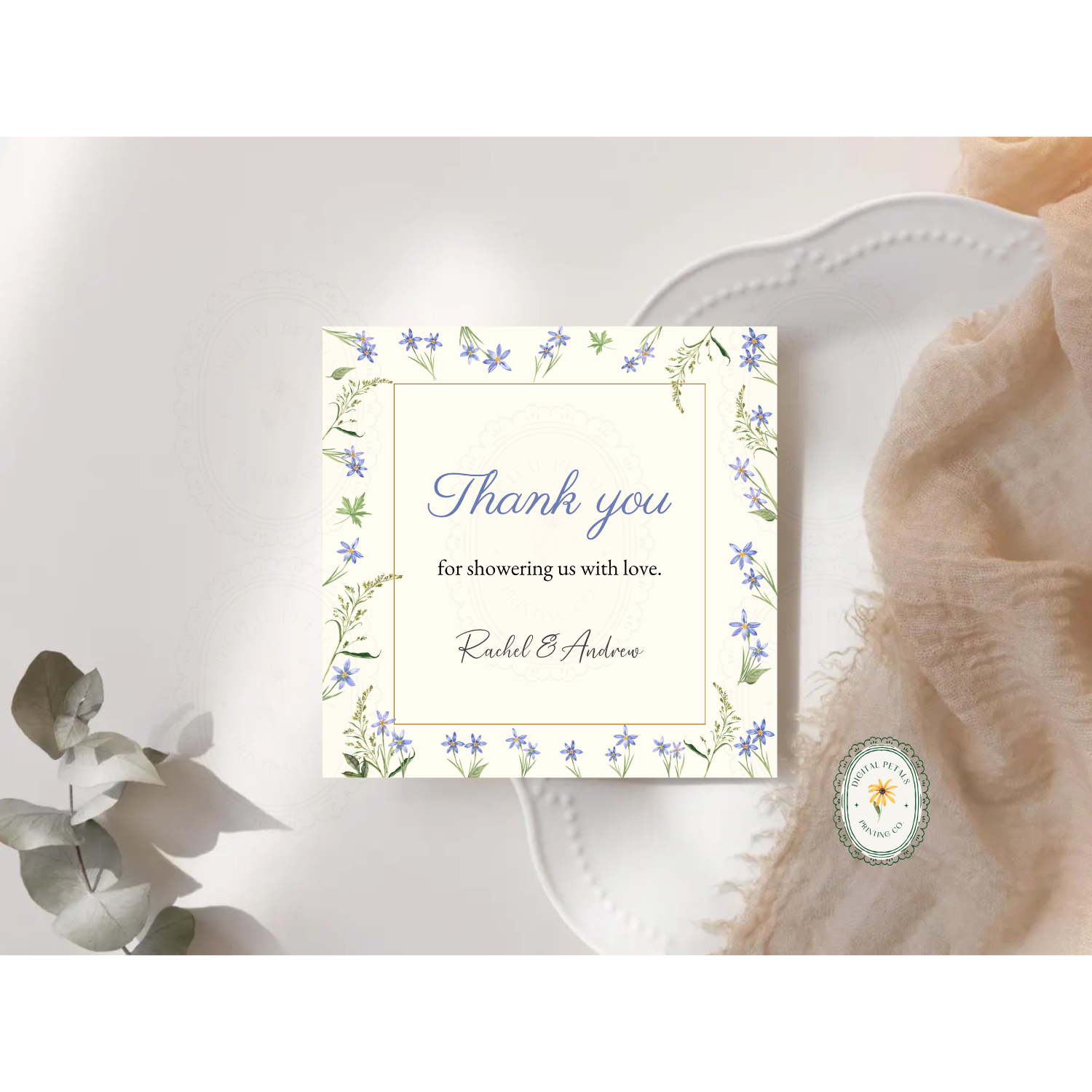 Dusty Blue Floral Border Thank You Card Template | Editable Canva Digital Download