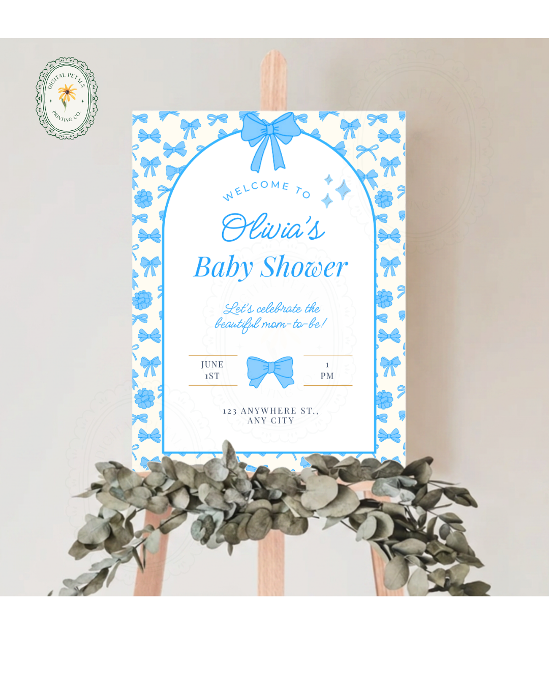 Baby Boy Shower Welcome Sign Template | Blue Ribbons & Bows | Canva Editable
