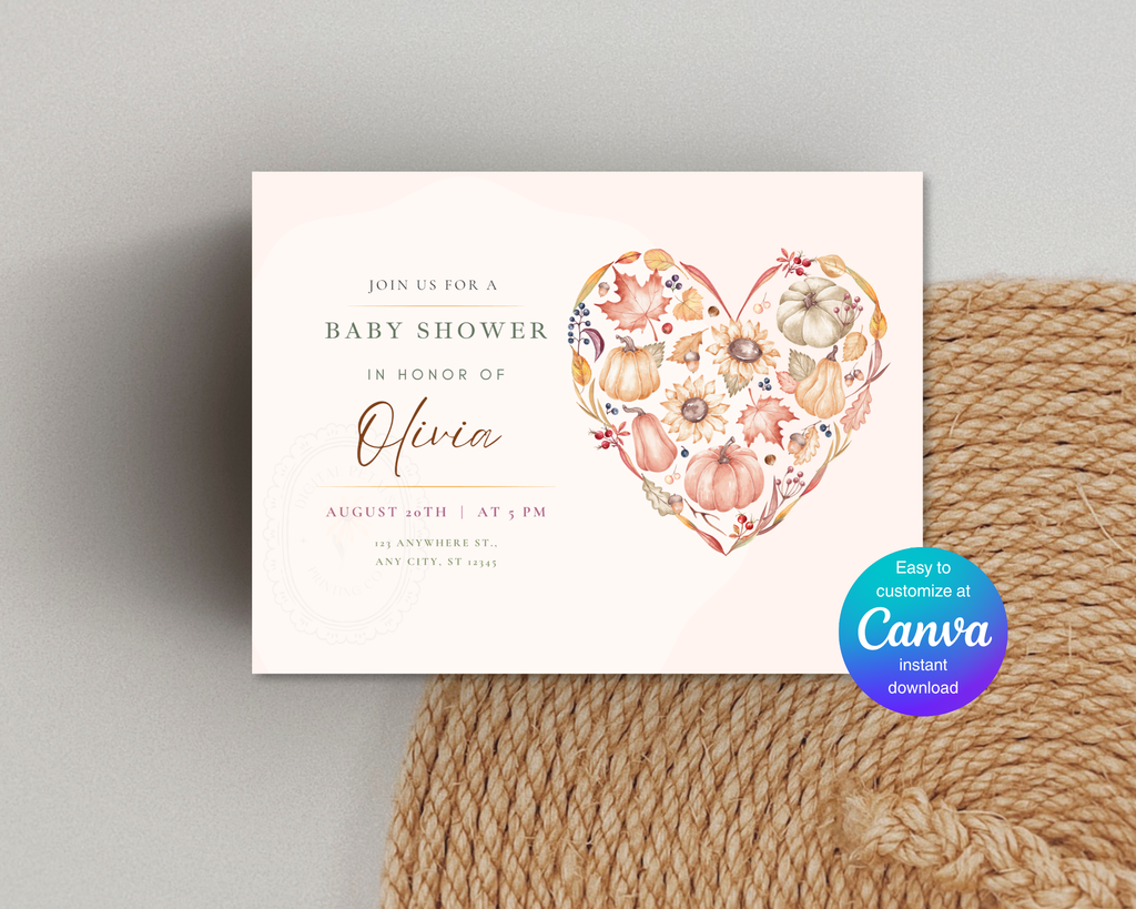 Autumn Heart Baby Shower Invitation | Autumn Floral Landscape | Canva Digital Download