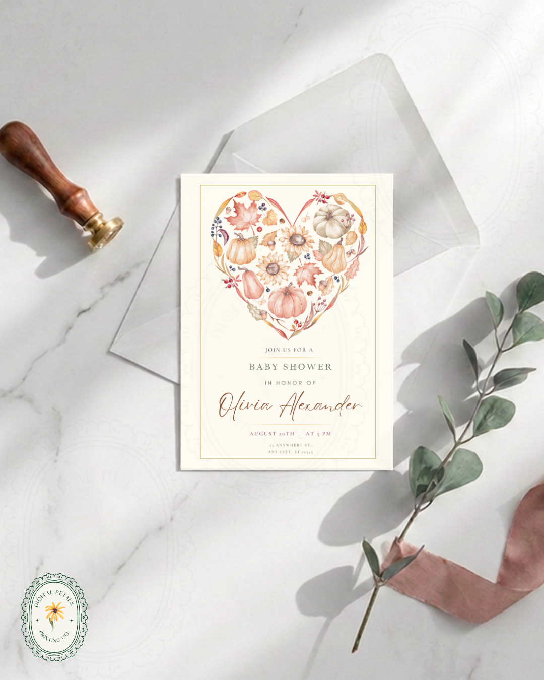 Terracotta & Rust Autumn Heart Baby Shower Invitation | Printable Floral Invite | Digital Download