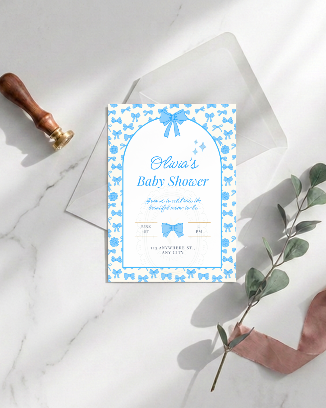 Baby Shower Invitation Template | Powder Blue Ribbons & Bows | Canva Editable