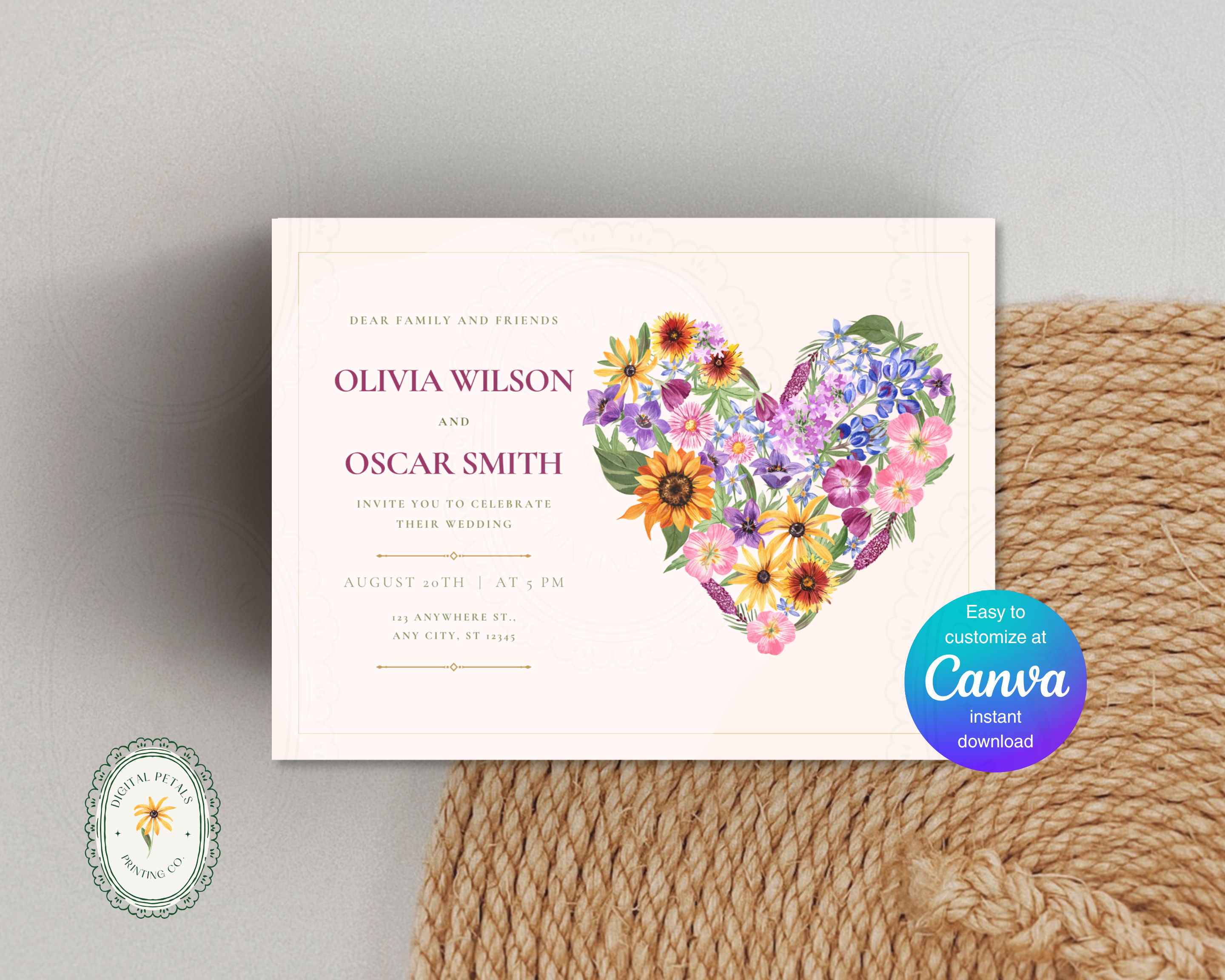 Lavender Wildflower Spring Heart Wedding Invitation | Floral Landscape Digital Download | Canva Editable