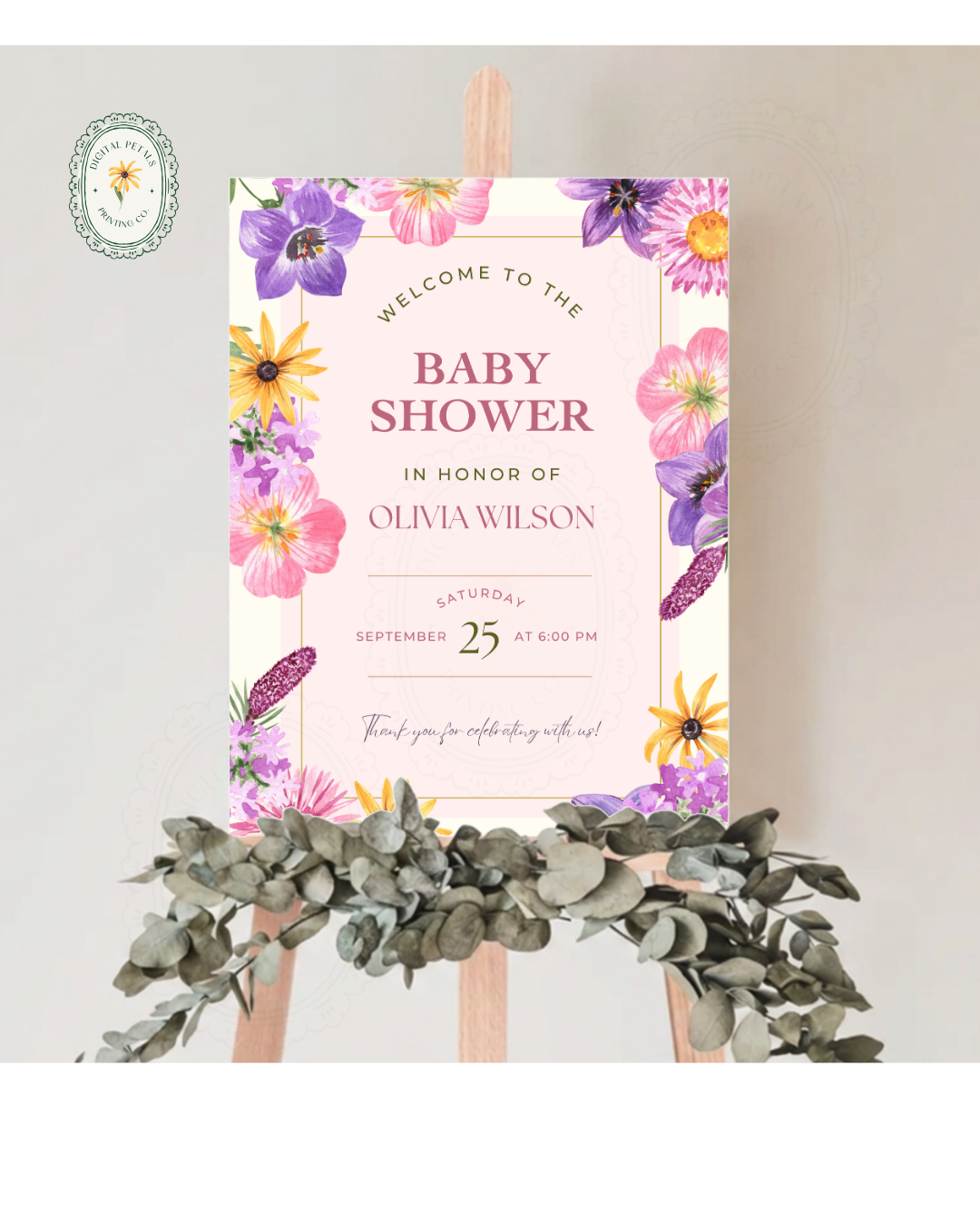Pink Cottagecore Baby Shower Welcome Sign | Editable Canva Template, Wildflower Floral