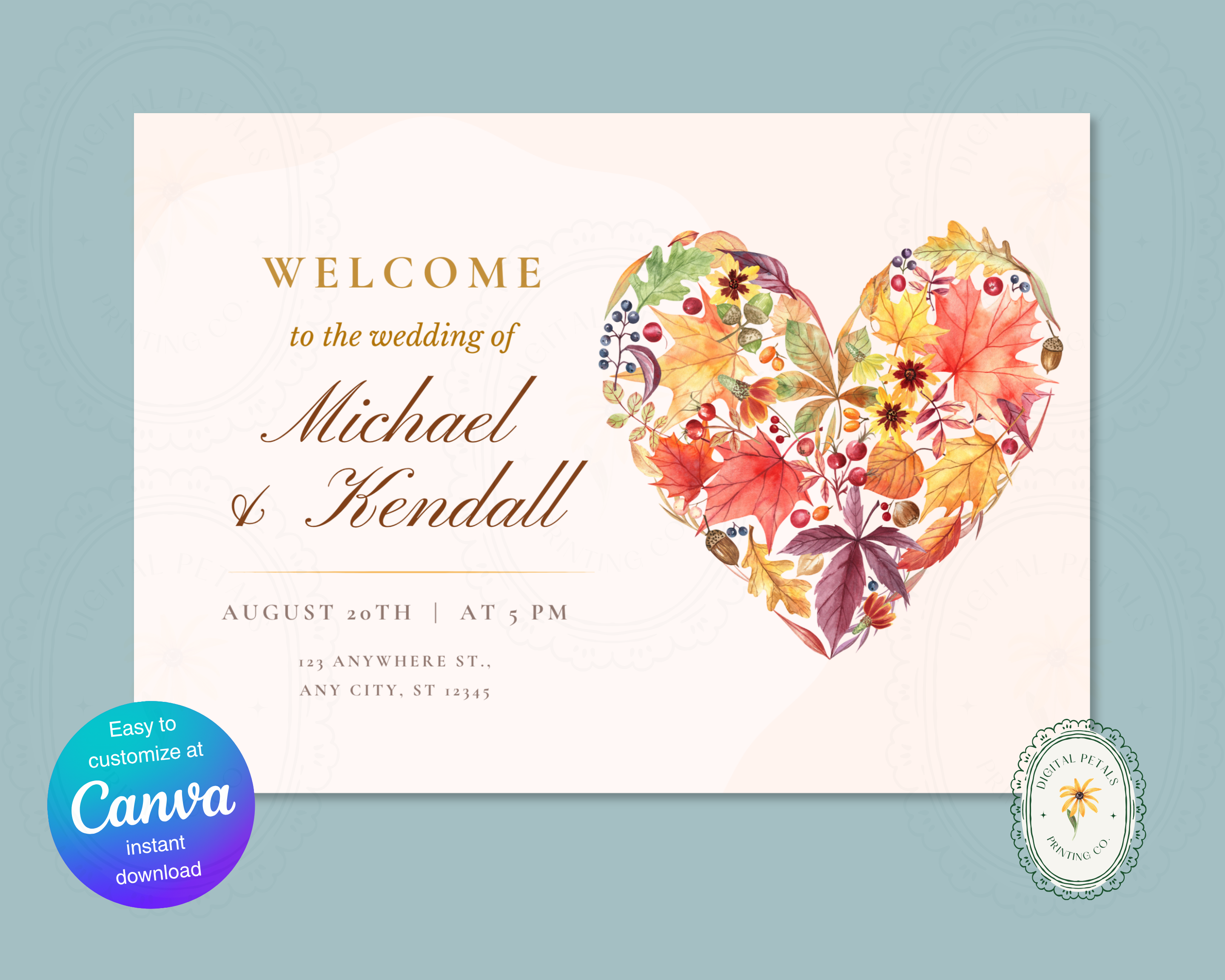 Fall Wildflower Wedding Welcome Sign | Boho Heart Border | Editable Canva Digital Download | Print at Home
