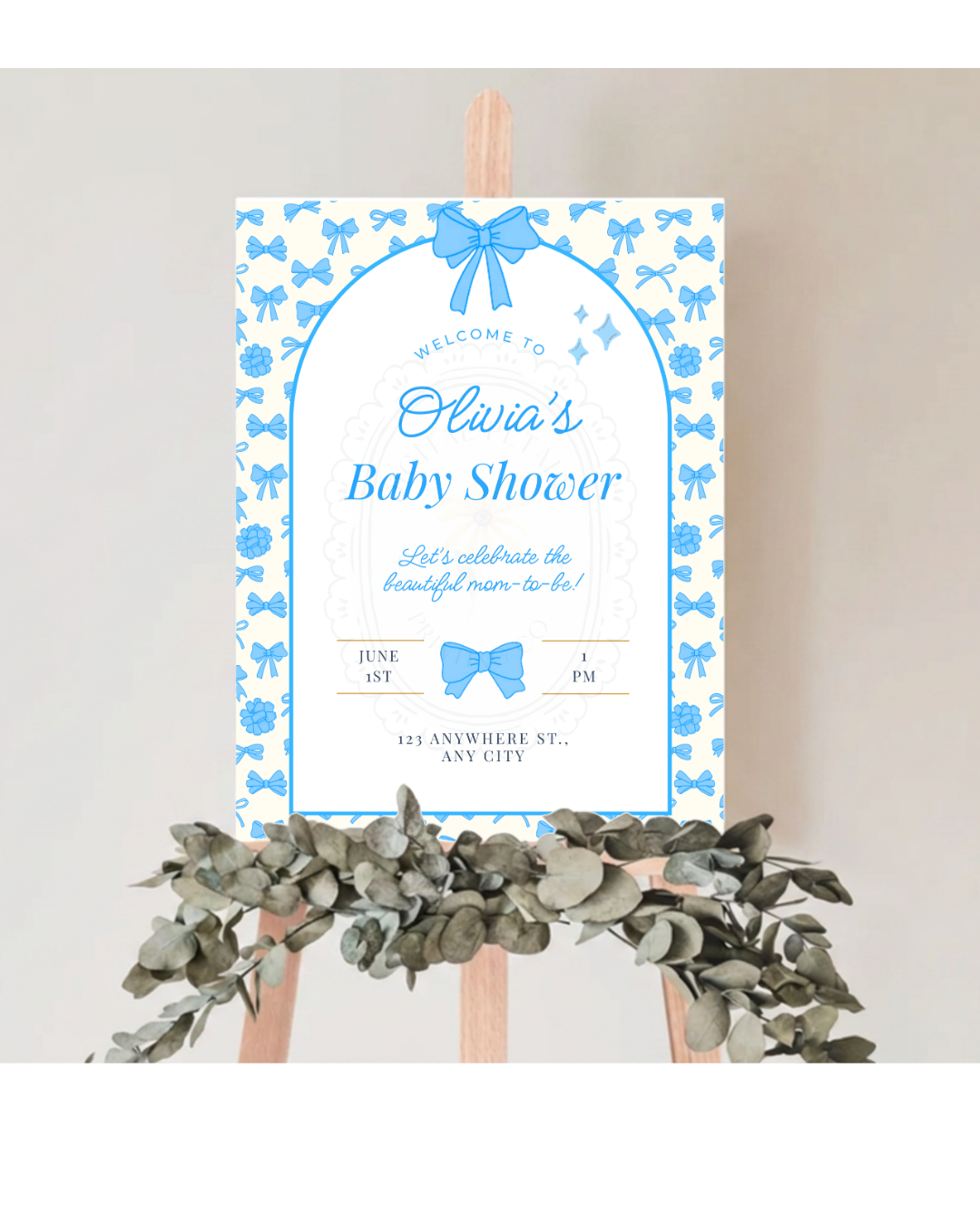 Baby Boy Shower Welcome Sign Template | Blue Ribbons & Bows | Canva Editable