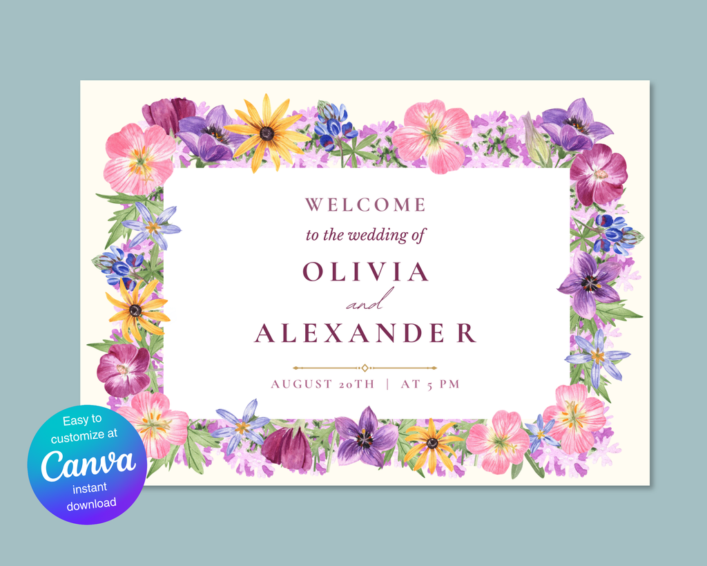 Garden Party Wedding Welcome Sign | Pressed Flower Aesthetic | Editable Canva Template
