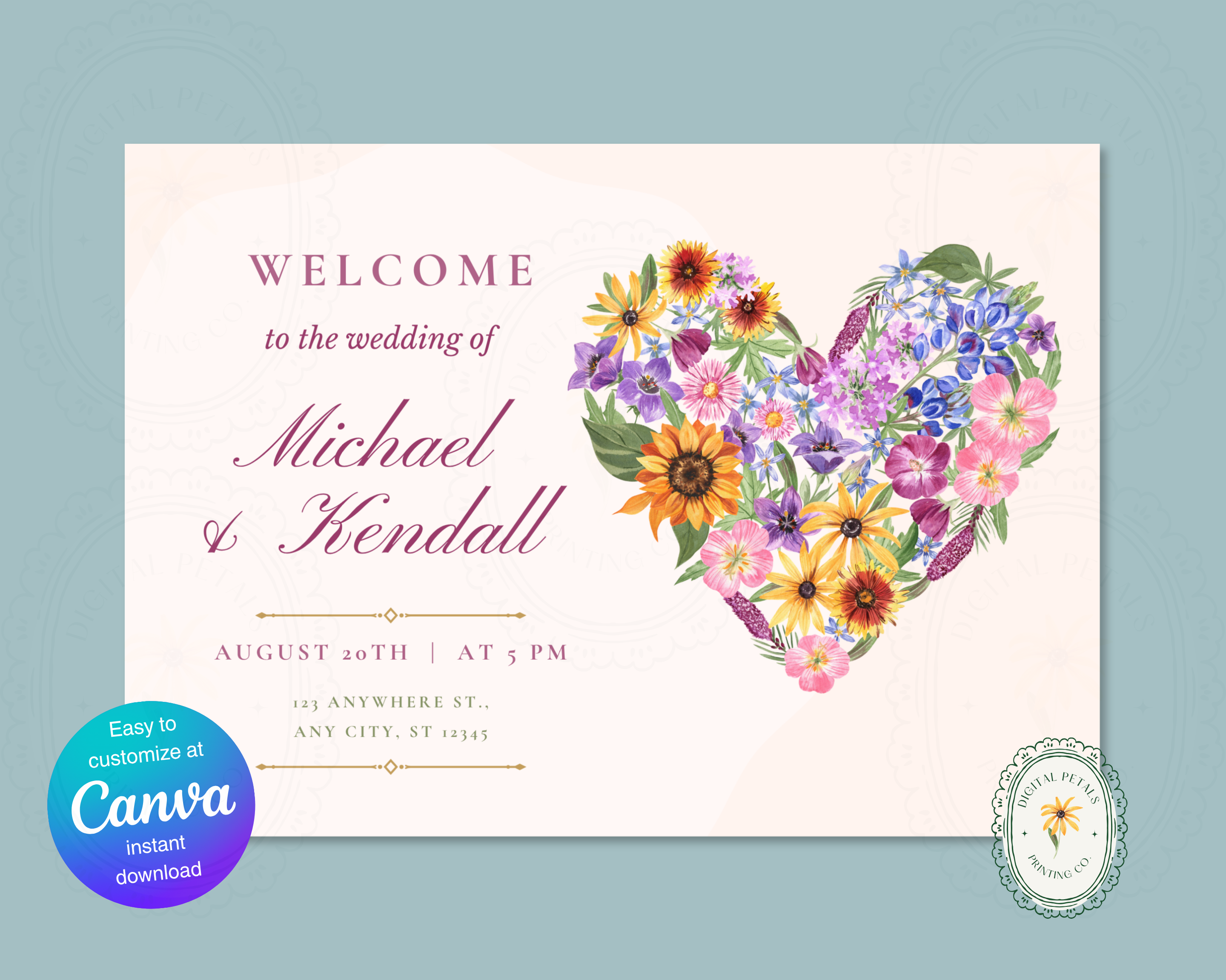 Wildflower Wedding Welcome Sign | Boho Floral Heart Border | Editable Canva Digital Download | Print at Home