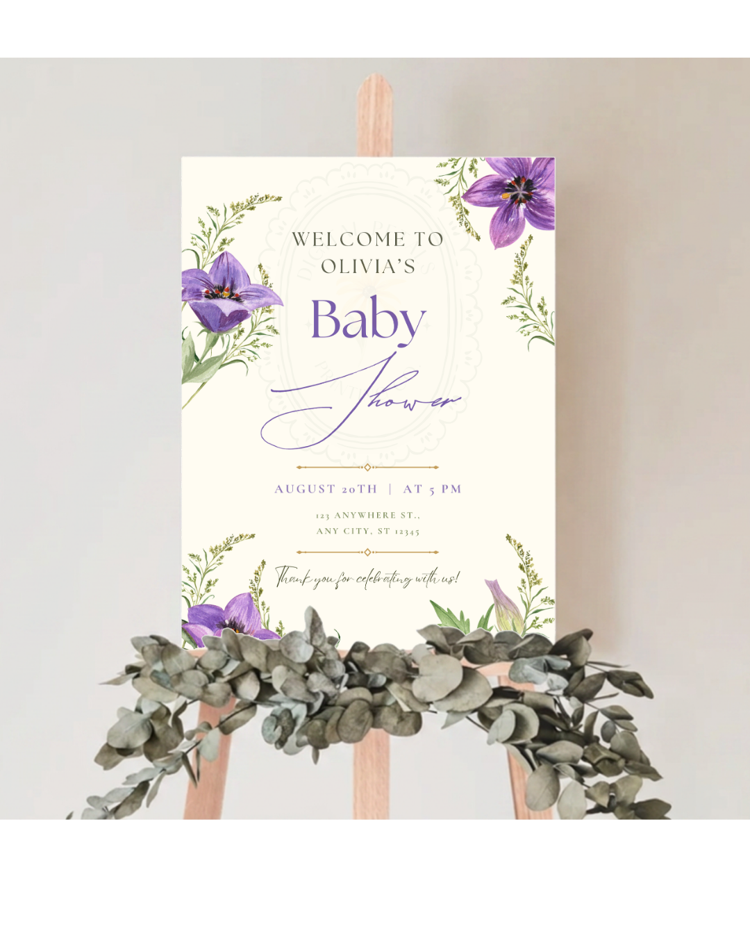 Violet & Periwinkle Wildflower Baby Shower Welcome Sign | Editable Canva Template | Digital Download
