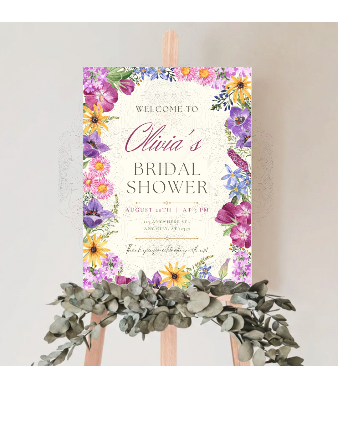 Boho Wildflower Border Bridal Shower Welcome Sign | Editable Canva Template | Digital Download