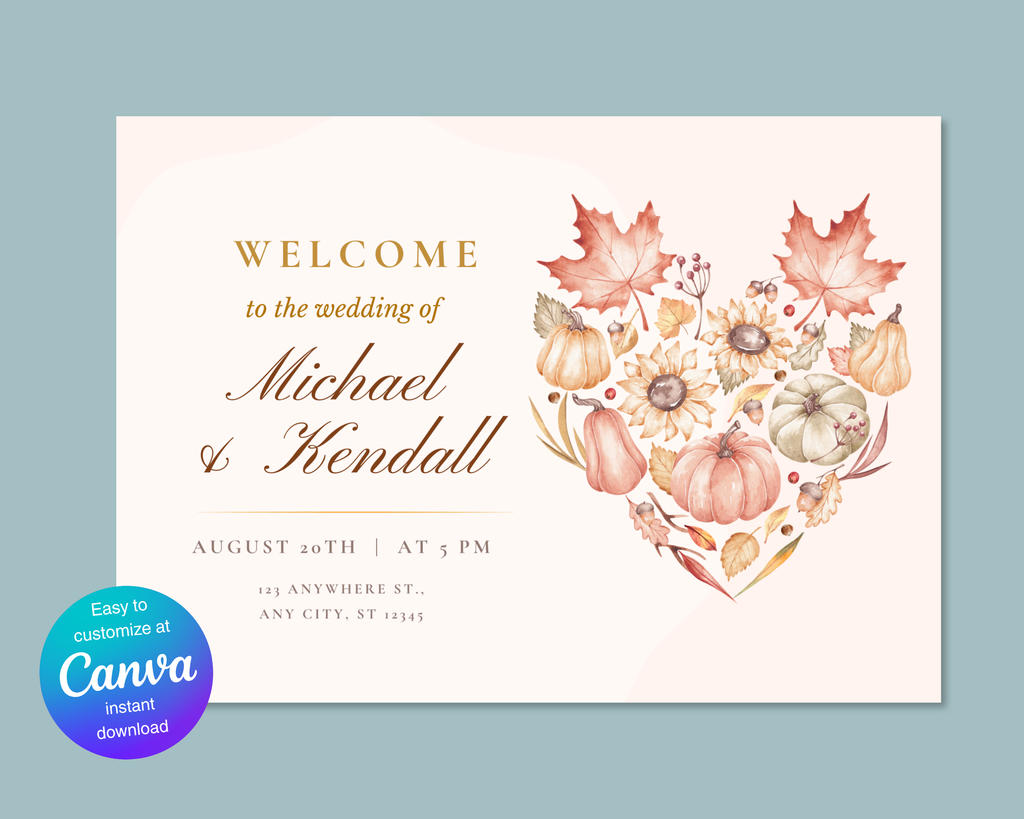 Leaves of Fall Wedding Welcome Sign | Autumn Canva Template | Editable Digital Download