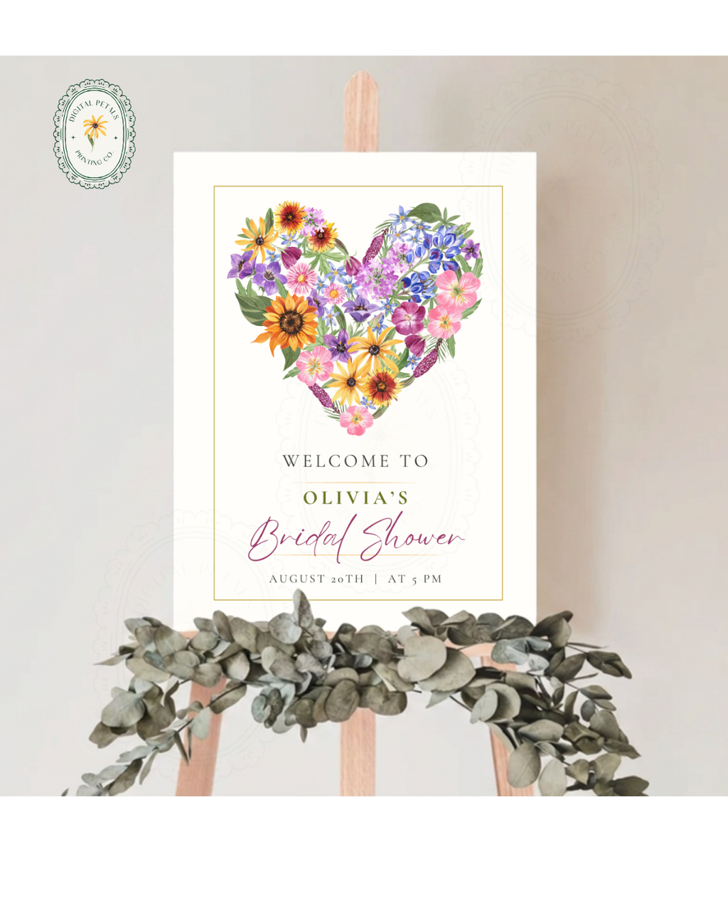 Boho Wildflower Heart Bridal Shower Welcome Sign | Editable Canva Template | Digital Download