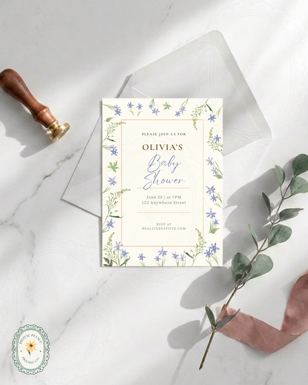 Dusty Blue Floral Border Baby Shower Invitation Template | Editable Digital Download