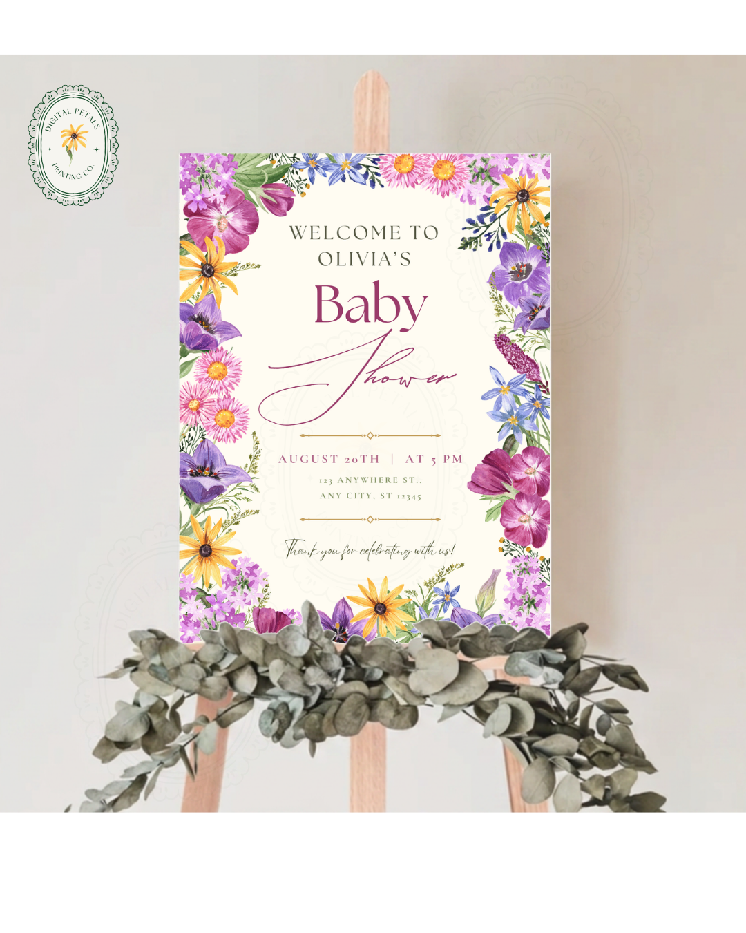 Boho Wildflower Border Baby Shower Welcome Sign | Editable Canva Template | Digital Download