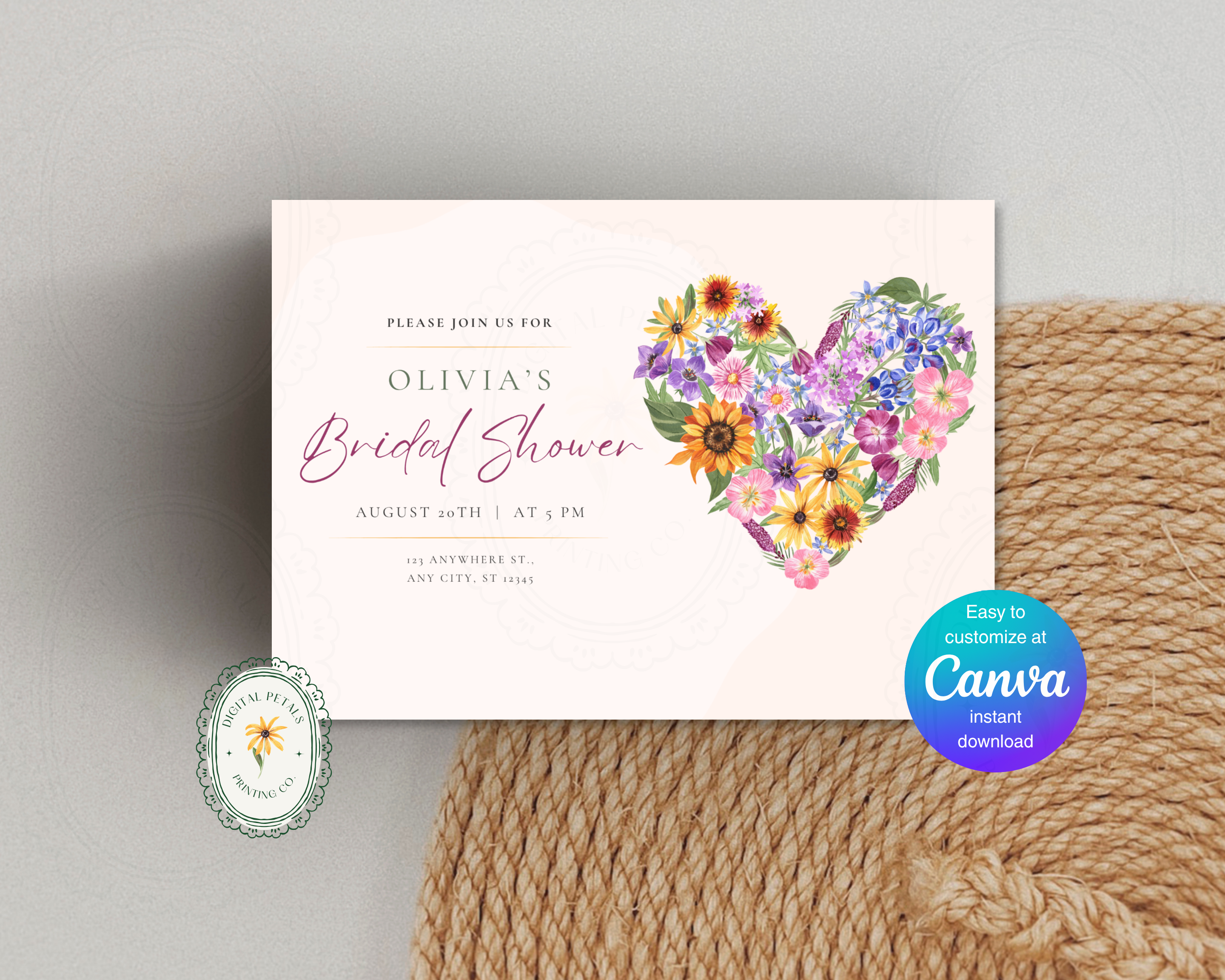 Lavender Cream Spring Heart Bridal Shower Invitation | Printable Landscape Template | Digital Download