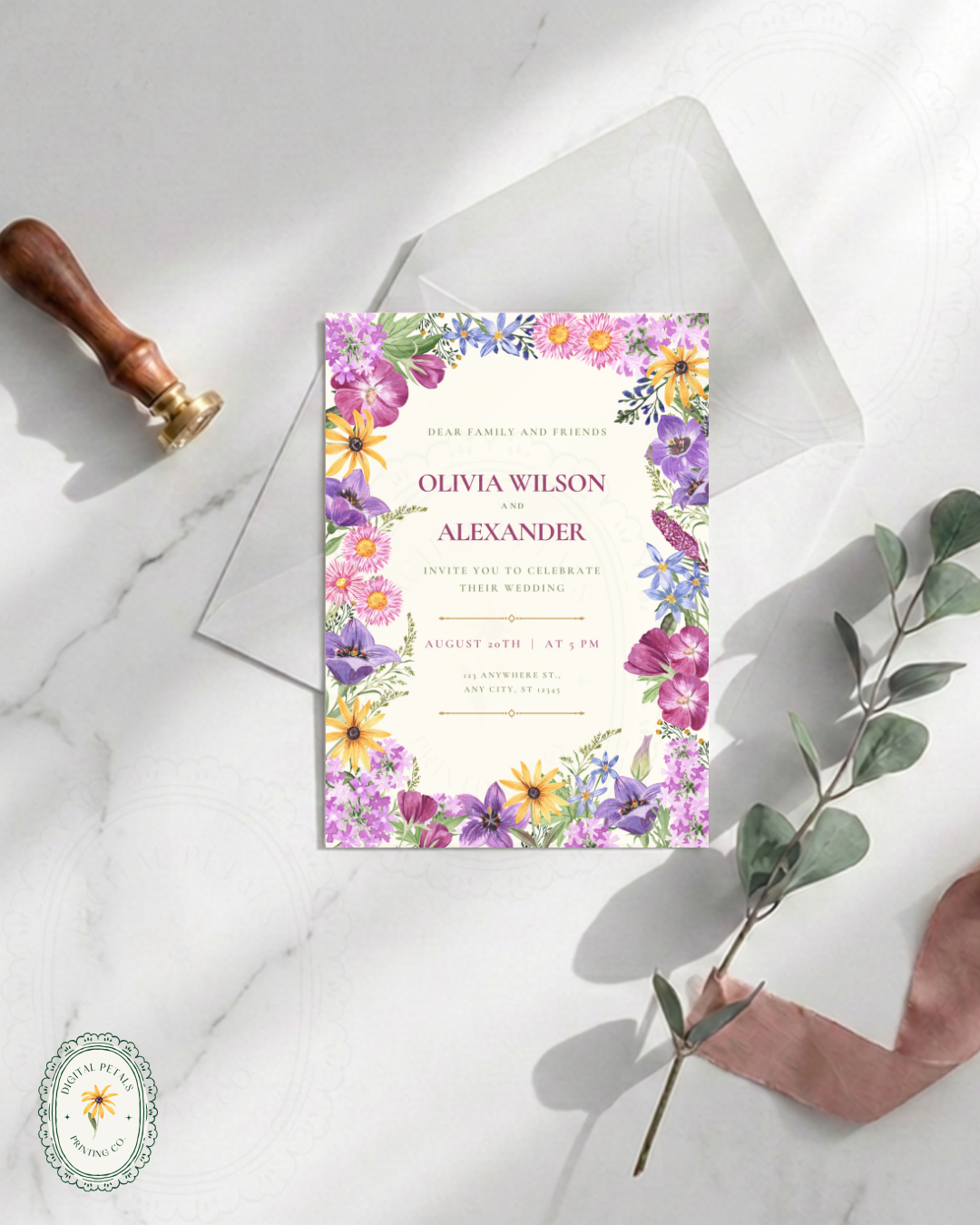 Boho Wildflower Border Wedding Invitation | Printable Botanical Invite | Digital Download