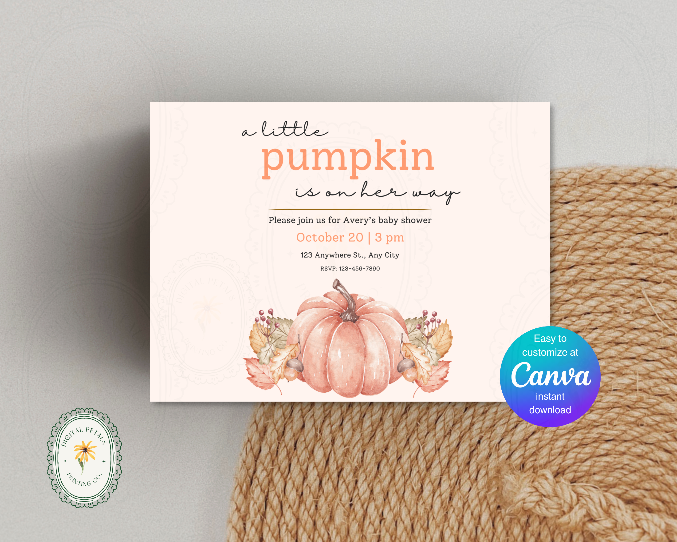 A Little Pumpkin Baby Shower Invitation | Autumn Landscape Digital Download | Canva Editable