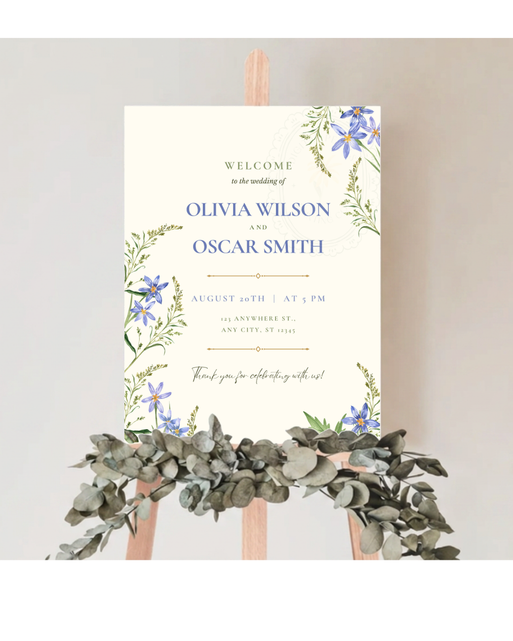 Powder Blue Wildflower Wedding Welcome Sign | Editable Canva Template | Digital Download
