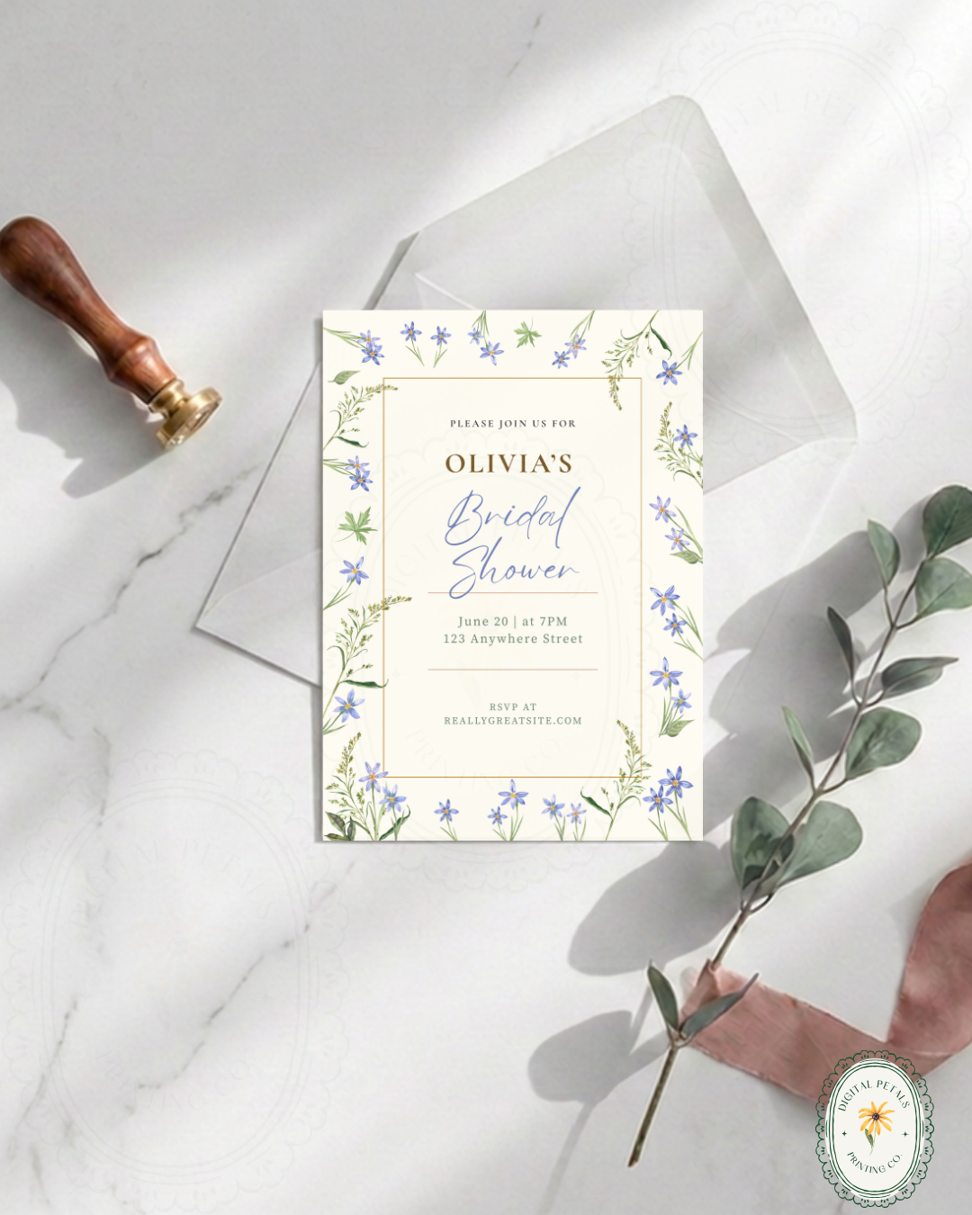 Dusty Blue Floral Border Bridal Shower Invitation Template | Editable Digital Download