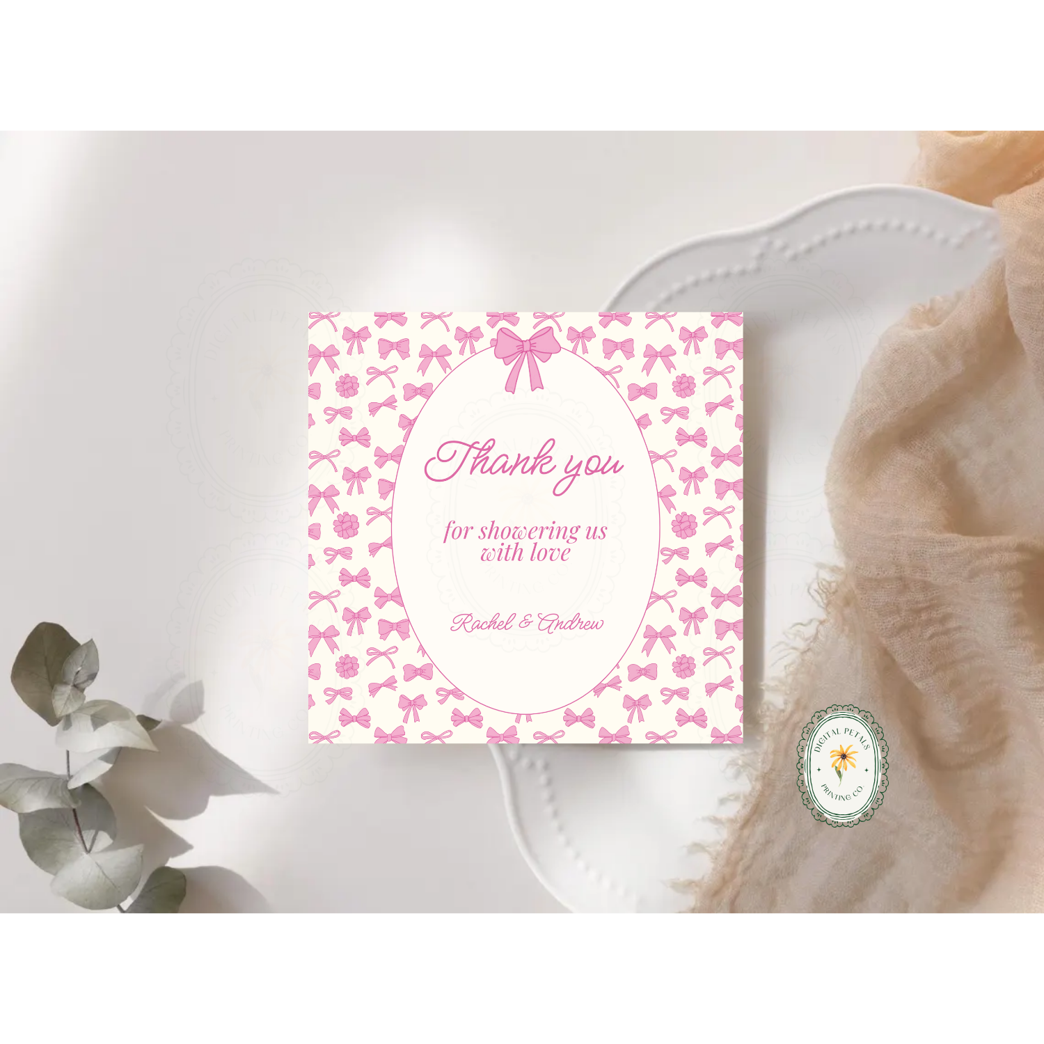 Pink Ribbons & Bows Baby Shower Thank You Card Template | Editable Canva Digital Download