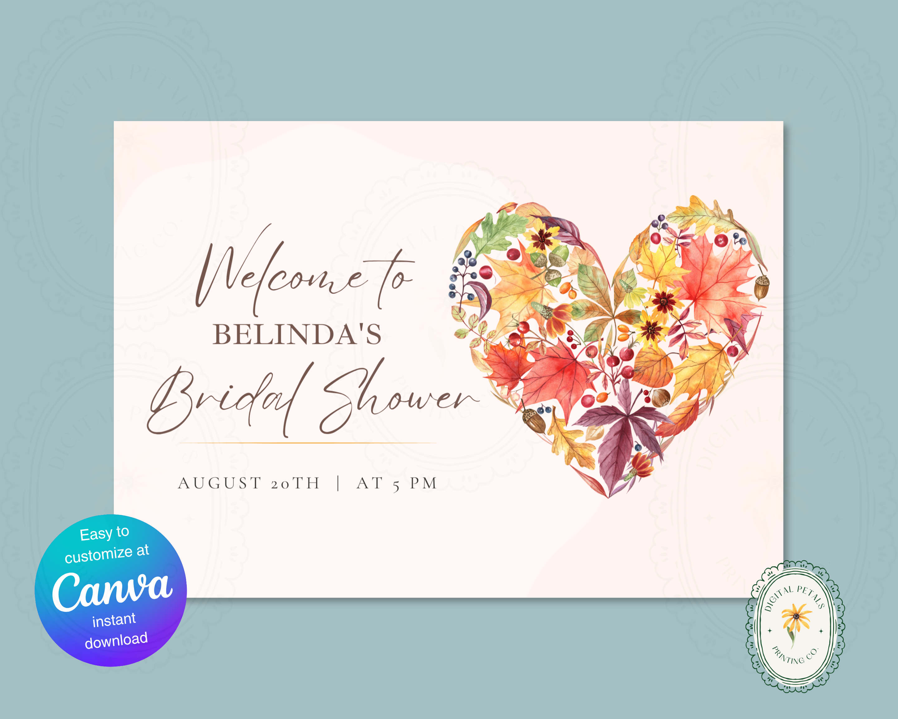 Fall Wildflower Bridal Shower Welcome Sign | Boho Heart Border | Editable Canva Digital Download | Print at Home