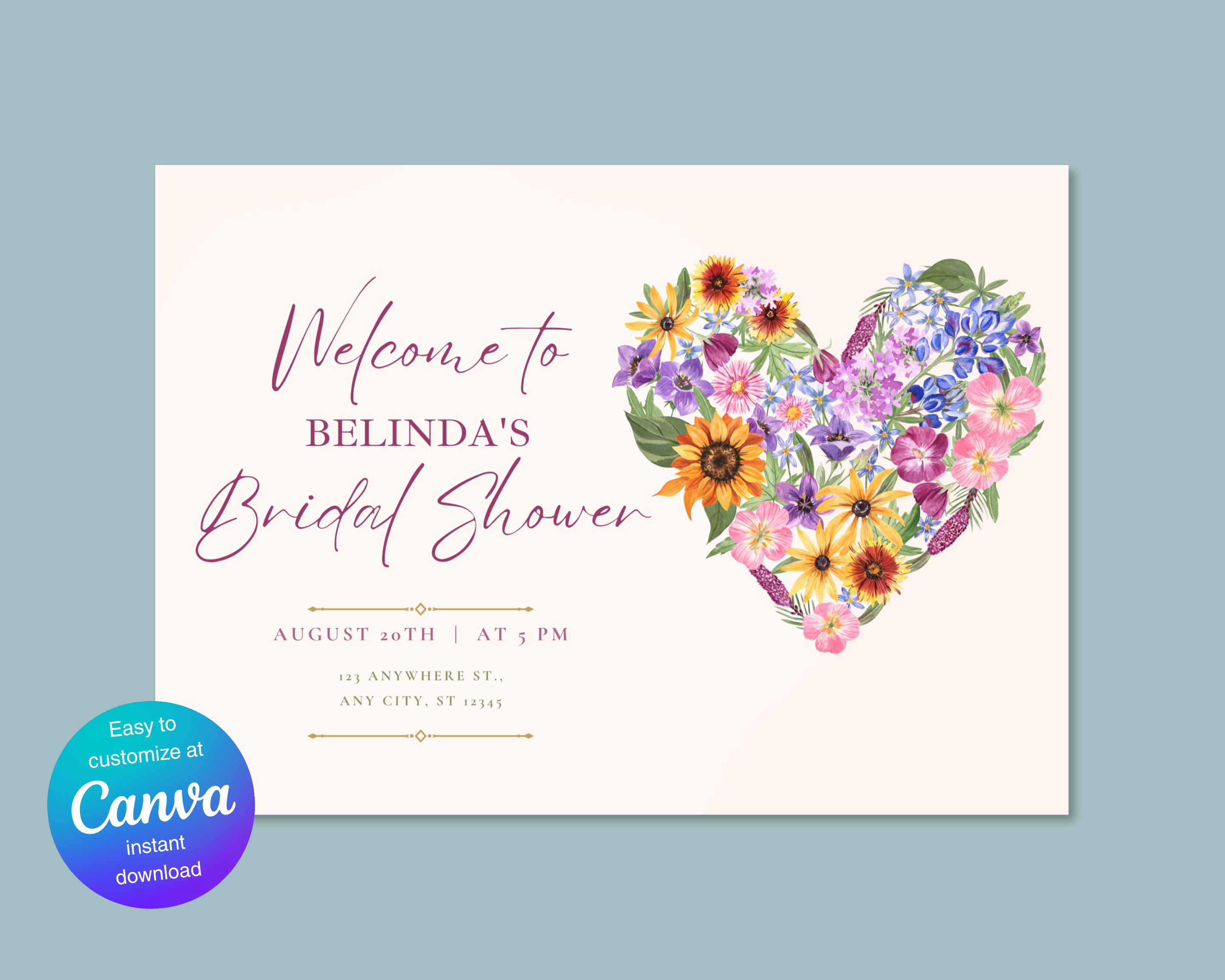 Wildflower Bridal Shower Welcome Sign | Boho Floral Heart Border | Editable Canva Digital Download | Print at Home