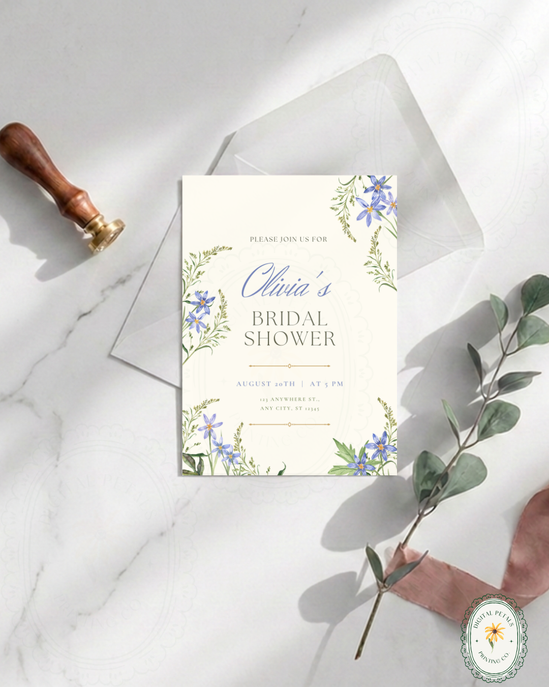 Powder Blue Wildflower Bridal Shower Invitation | Minimalist Printable Invite | Digital Download