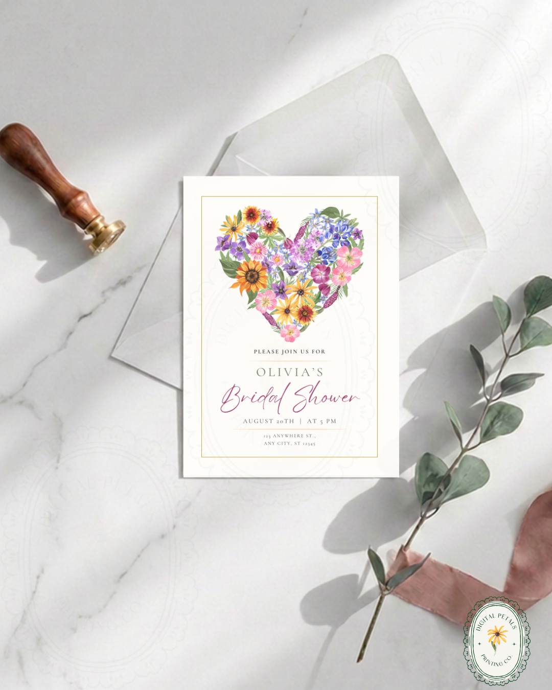 Boho Wildflower Heart Bridal Shower Invitation — Editable Digital Download Template