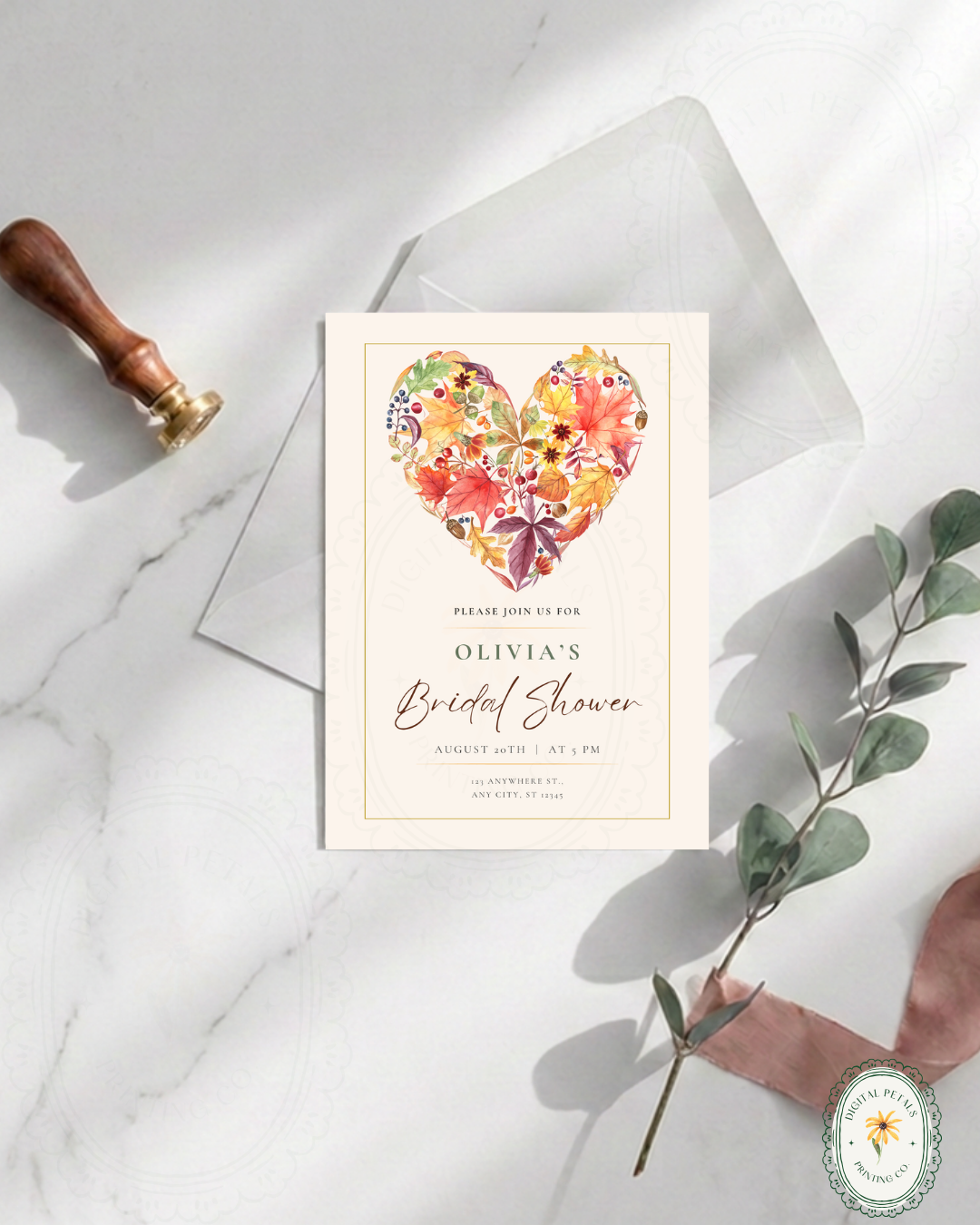 Terracotta & Rust Fall Heart Baby Shower Invitation — Editable Digital Download Template