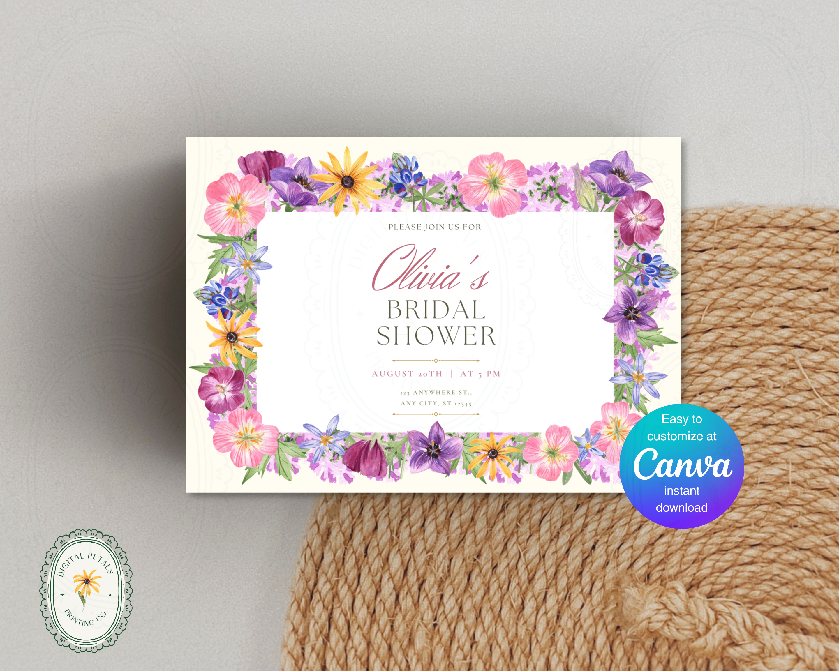 Lavender Spring Wildflowers Bridal Shower Invitation | Printable Landscape Template | Digital Download