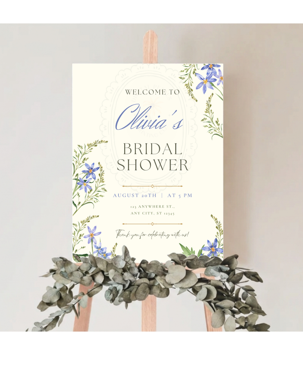 Powder Blue Wildflower Bridal Shower Welcome Sign | Editable Canva Template | Digital Download
