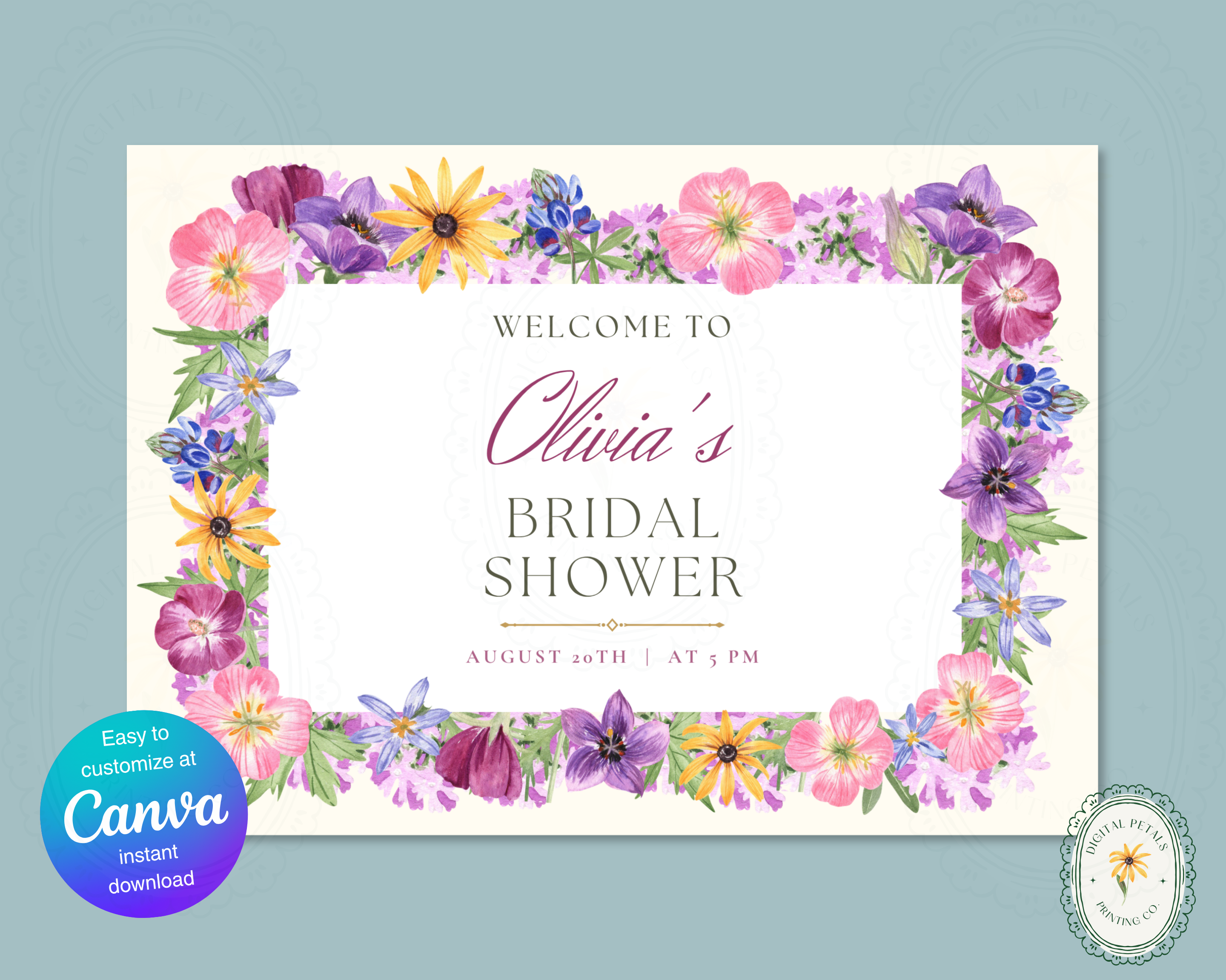 Bridal Shower Garden Party Welcome Sign Wildflower Border Template | Editable Canva Digital Download