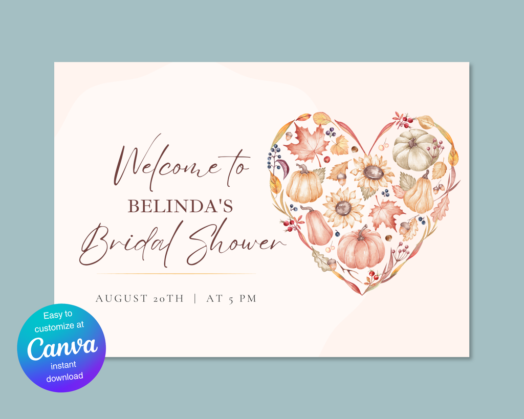 Autumn Bridal Shower Welcome Sign | Rustic Heart Floral Border | Editable Canva Digital Download | Print at Home