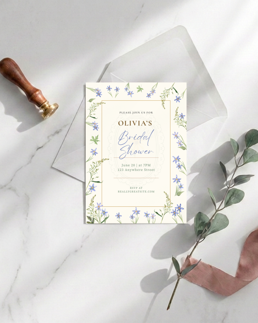 Blue Floral Border Bridal Shower Invitation Template | Editable Digital Download