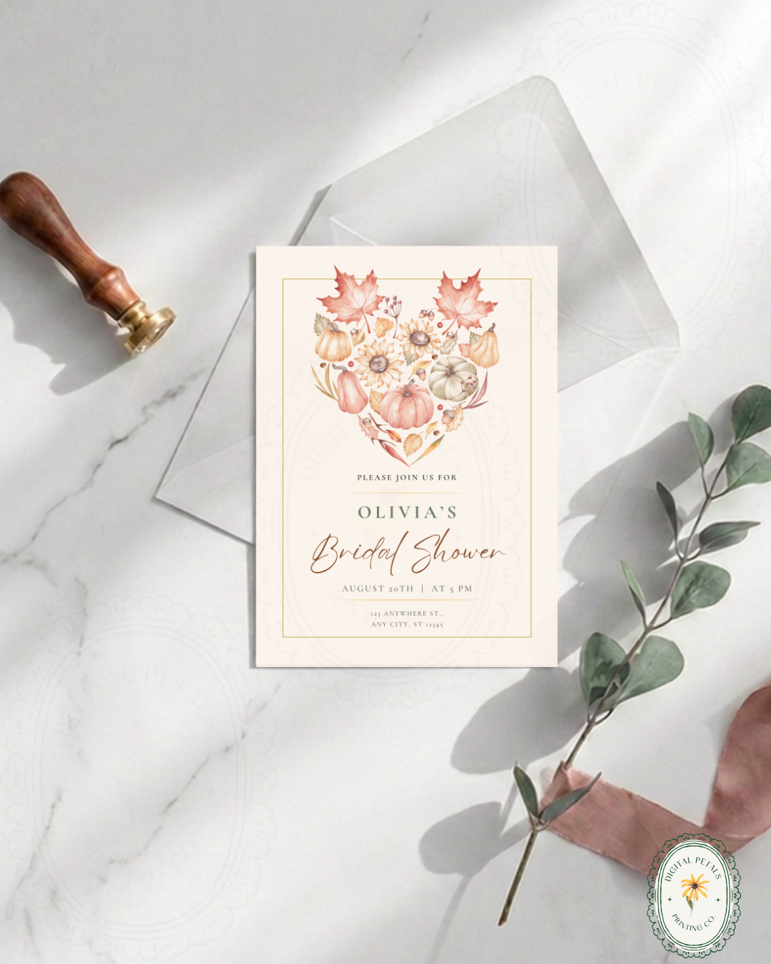 Burgundy Fall Leaves Bridal Shower Invitation Template | Editable Canva Digital Download