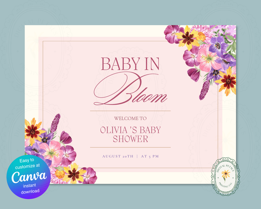 Baby in Bloom Spring Baby Shower Welcome Sign | Floral Canva Template | Editable Digital Download