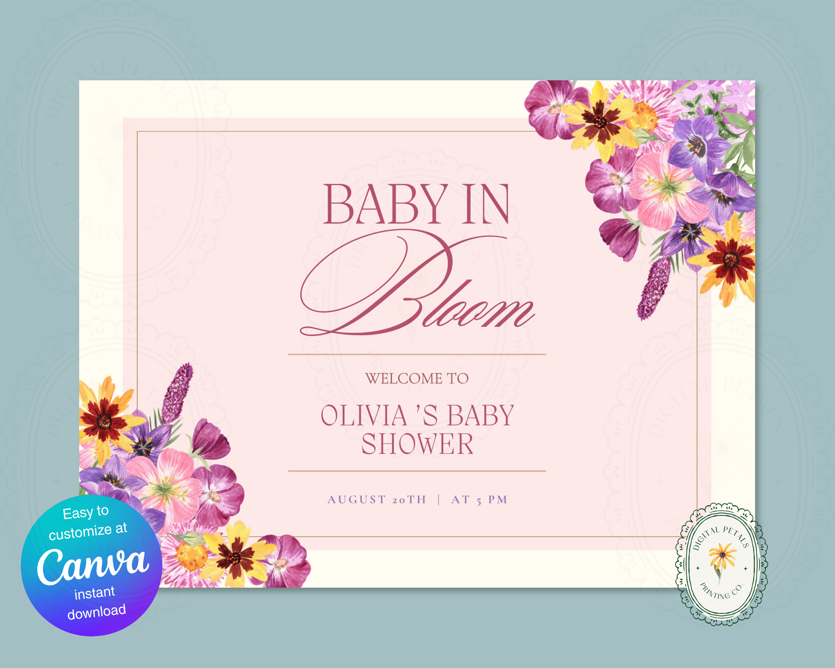 Baby in Bloom Spring Baby Shower Welcome Sign | Floral Canva Template | Editable Digital Download