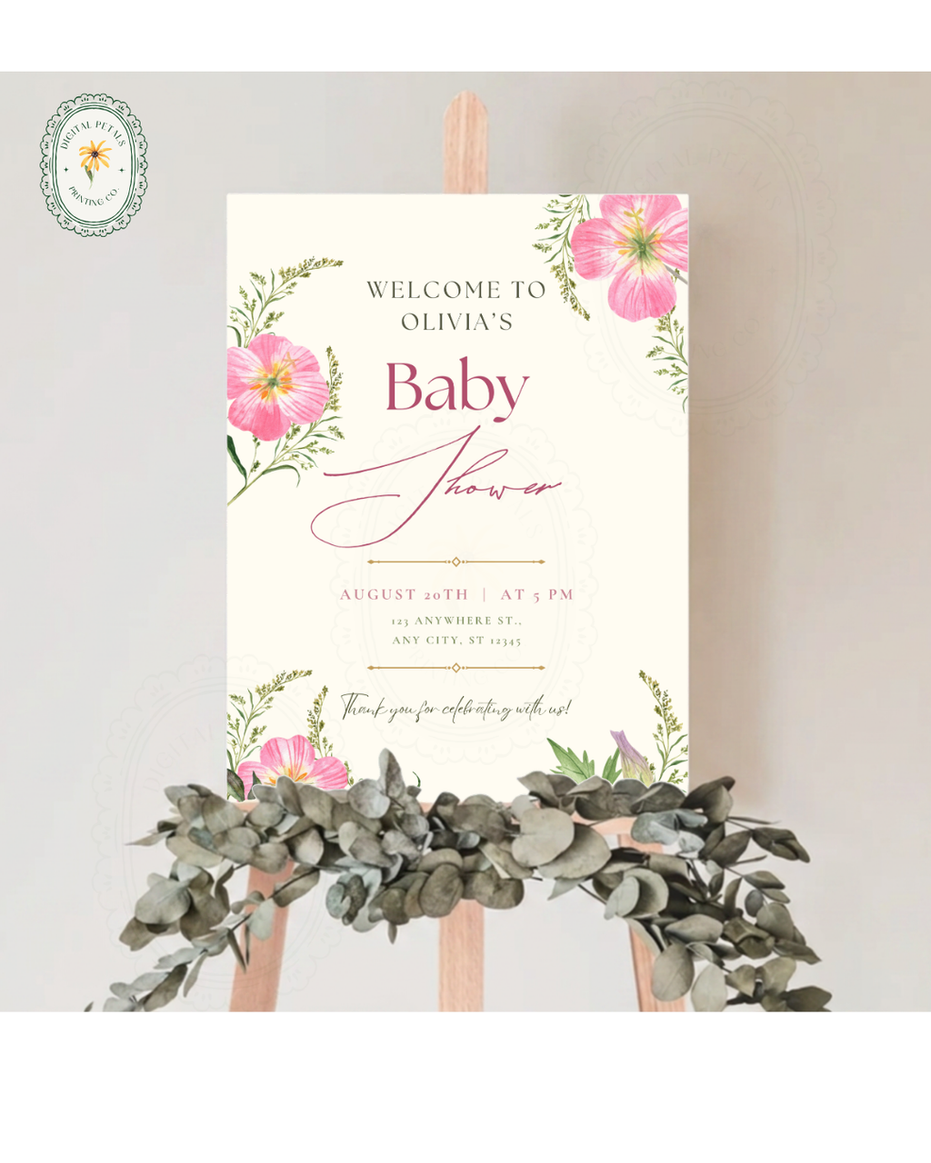 Dusty Rose & Blush Pink Wildflower Baby Shower Welcome Sign | Editable Canva Template | Digital Download