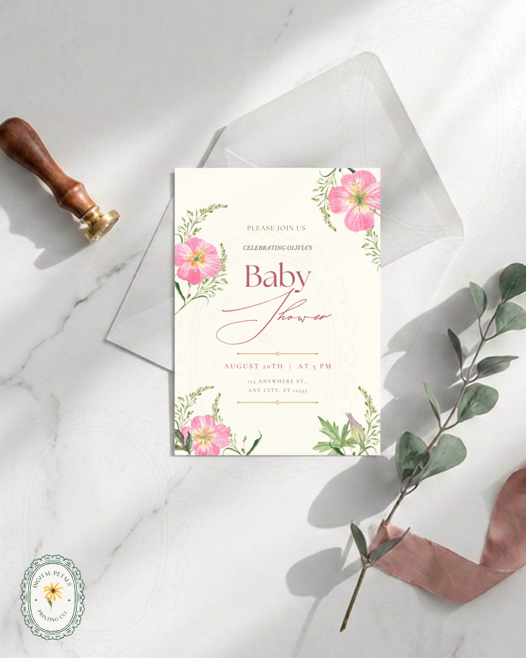 Dusty Rose & Blush Pink Wildflower Baby Shower Invitation | Minimalist Printable Invite | Digital Download