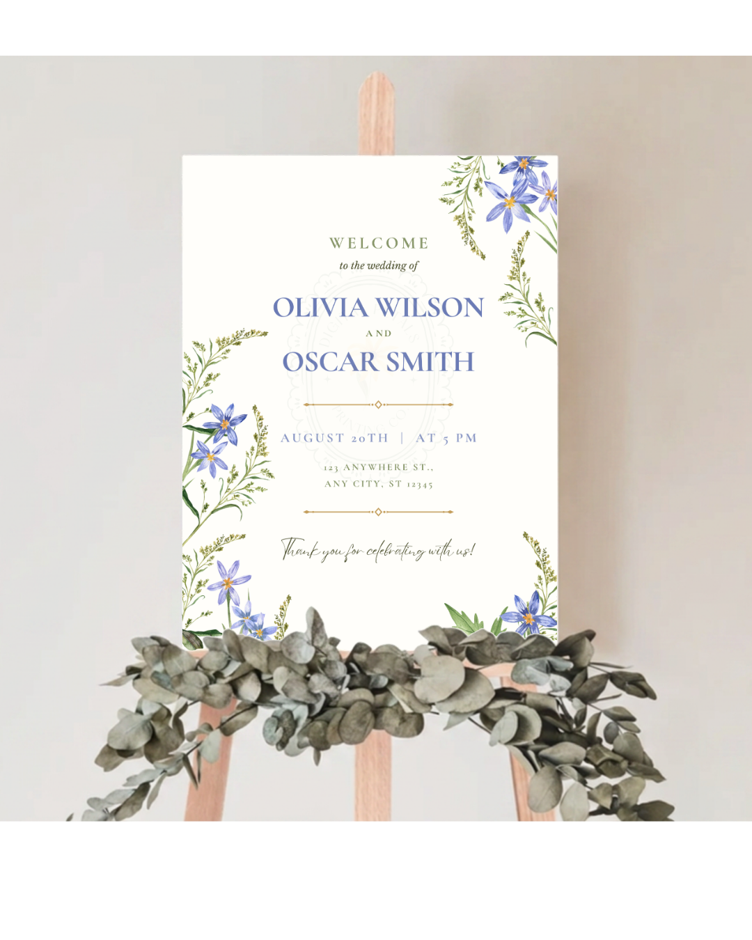 Blue Wildflower Wedding Welcome Sign | Editable Canva Template | Digital Download