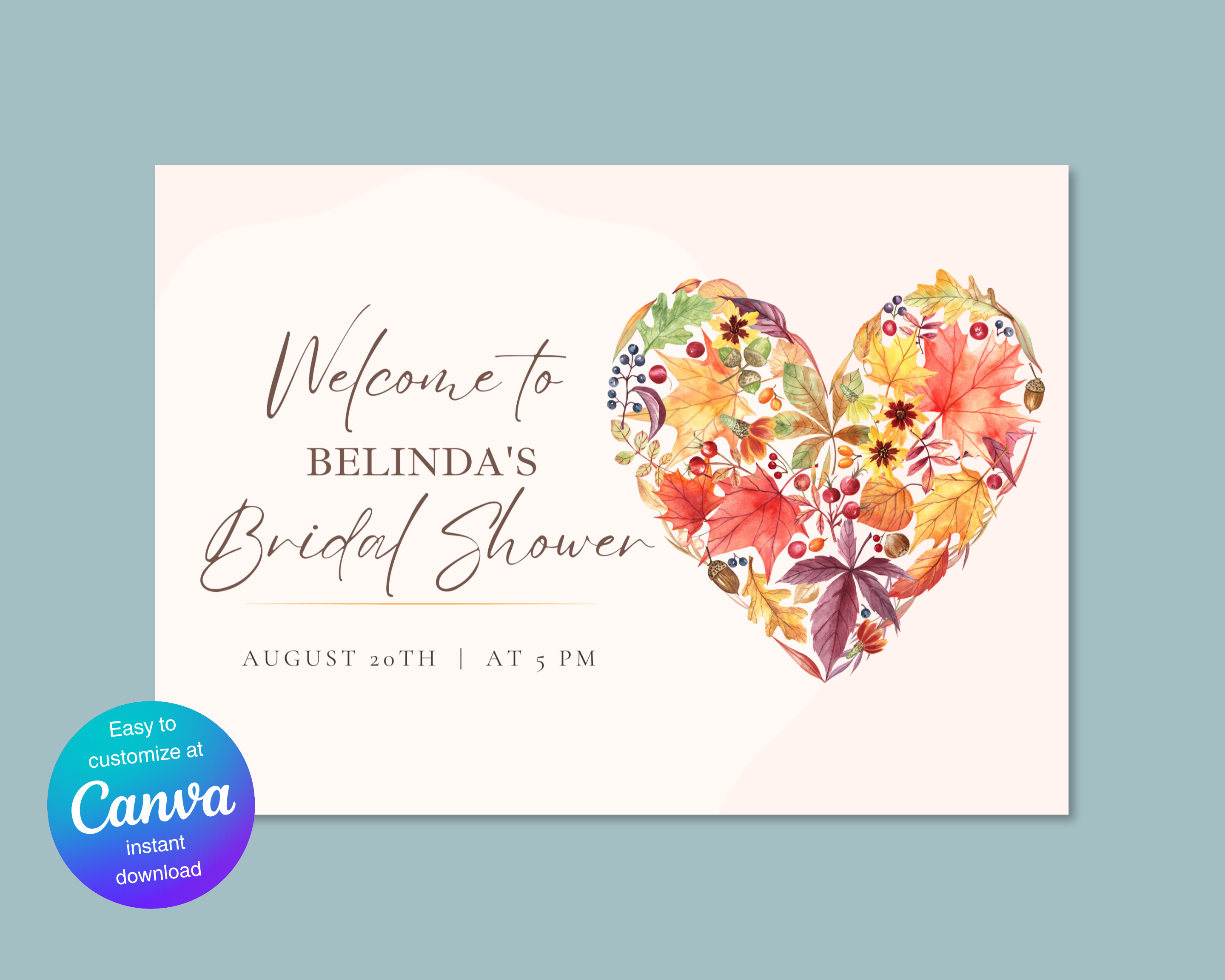 Fall Wildflower Bridal Shower Welcome Sign | Boho Heart Border | Editable Canva Digital Download | Print at Home