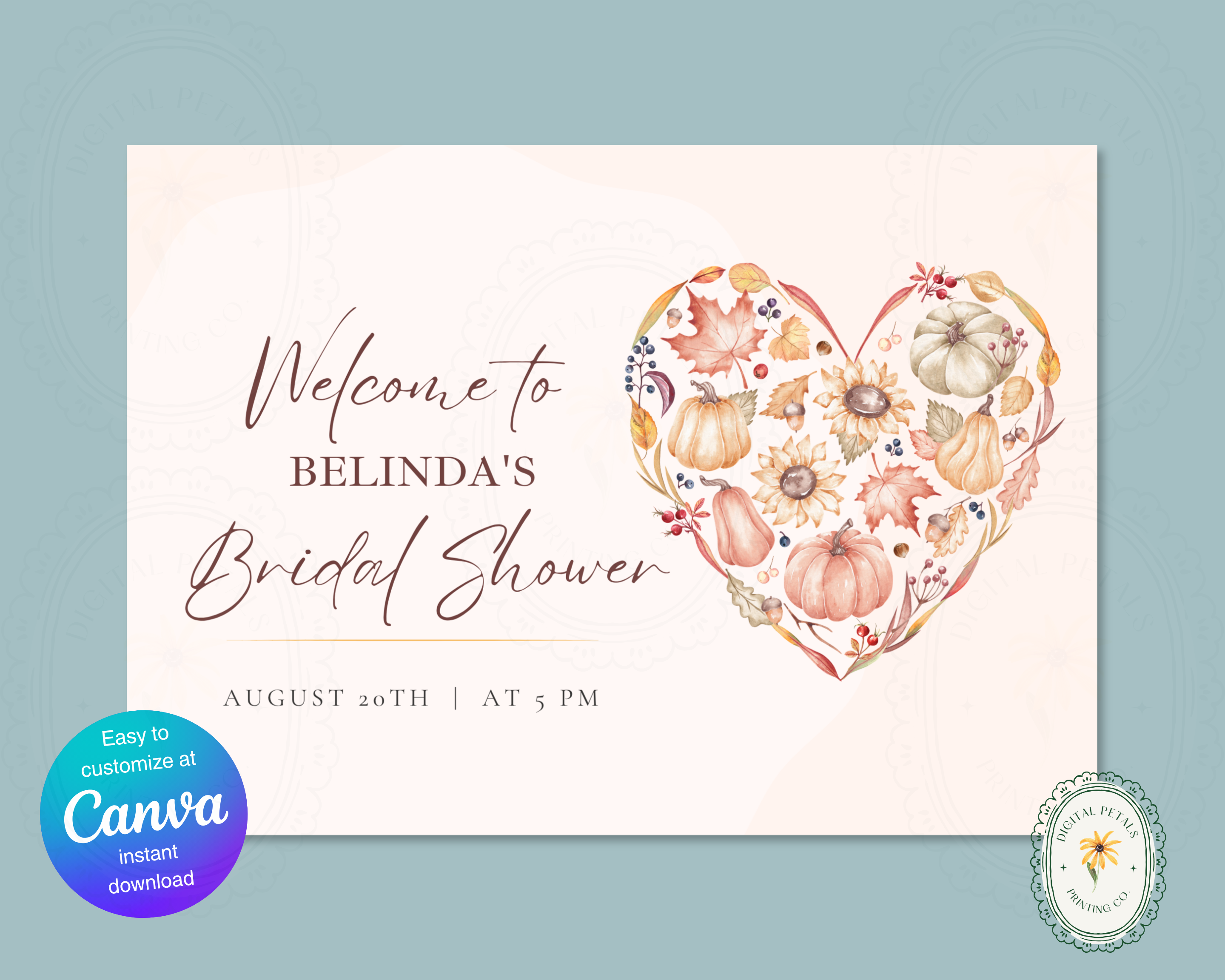 Autumn Bridal Shower Welcome Sign | Rustic Heart Floral Border | Editable Canva Digital Download | Print at Home