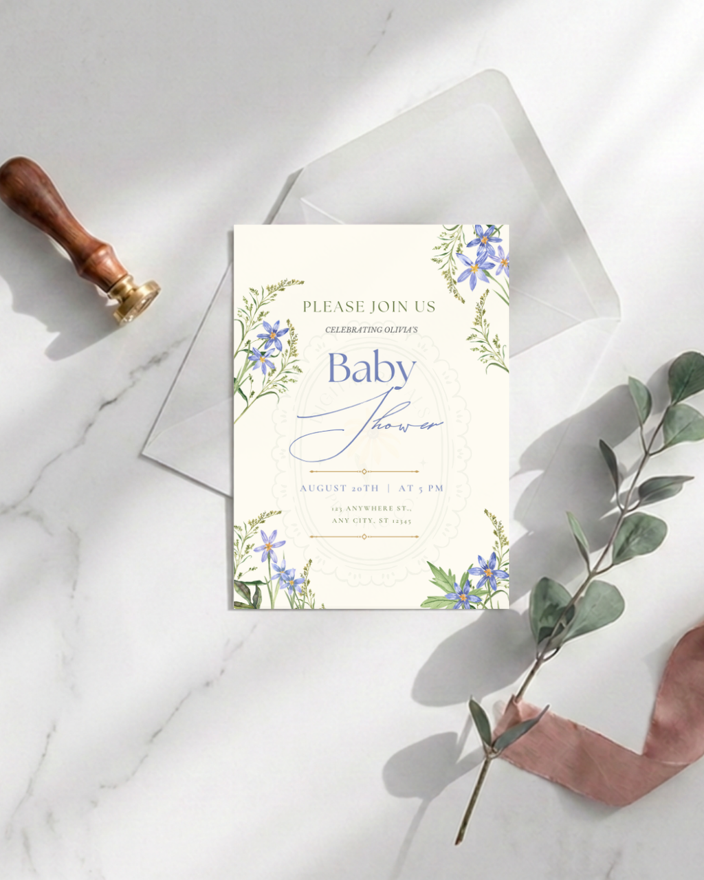 Powder Blue Wildflower Baby Shower Invitation | Minimalist Printable Invite | Digital Download