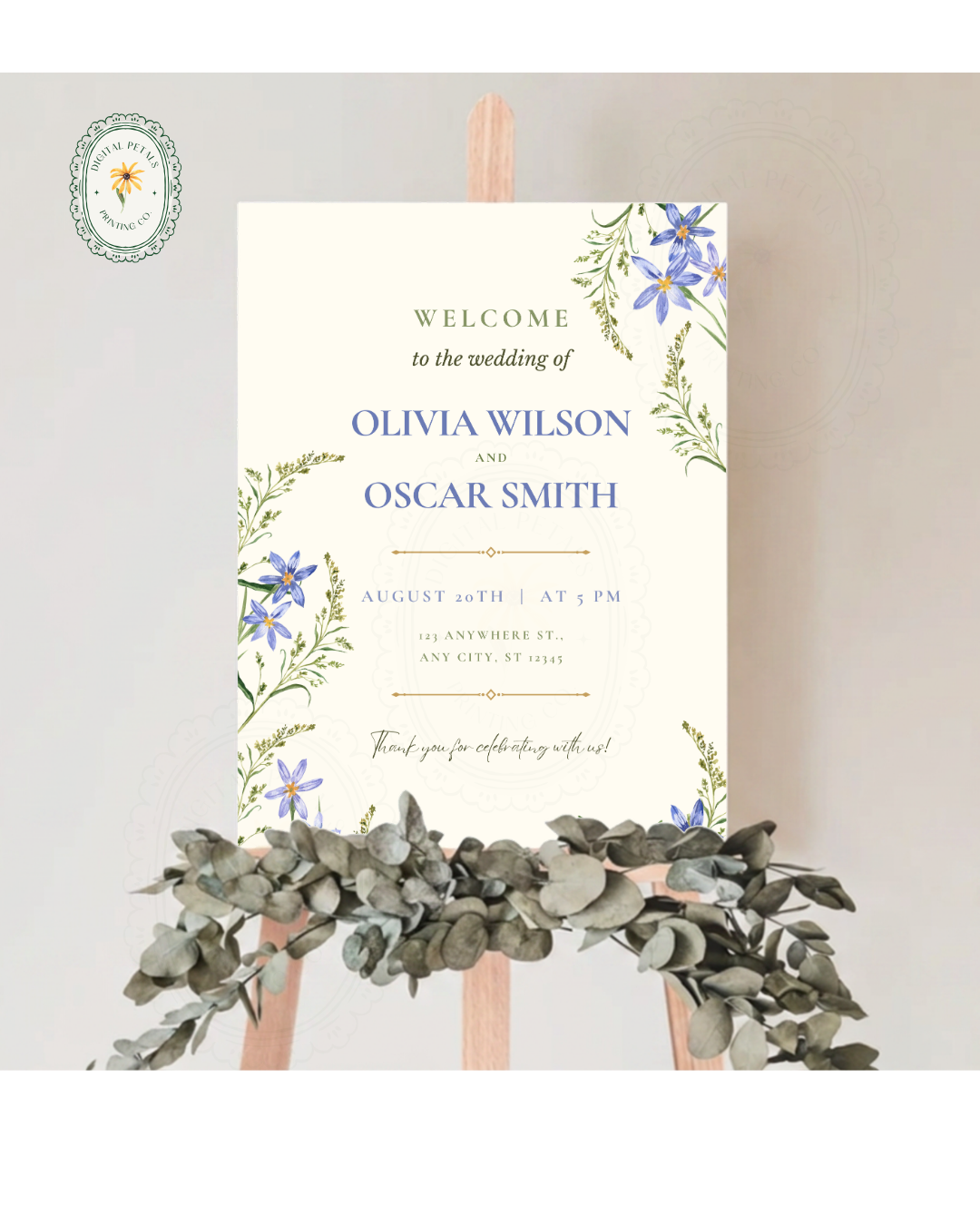 Powder Blue Wildflower Wedding Welcome Sign | Editable Canva Template | Digital Download