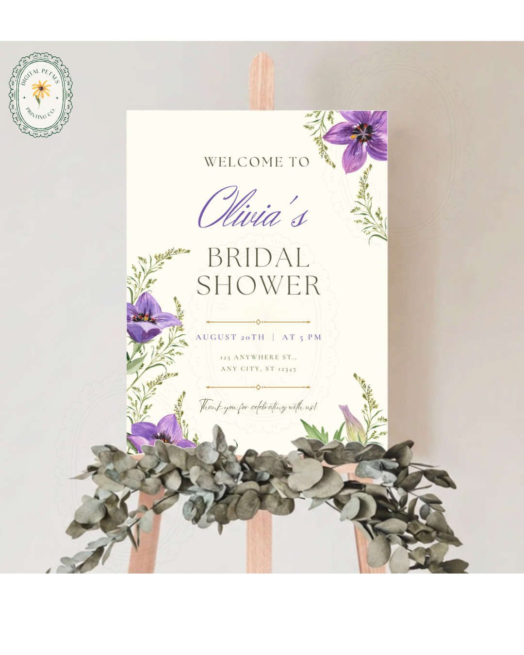 Violet & Periwinkle Wildflower Bridal Shower Welcome Sign | Editable Canva Template | Digital Download