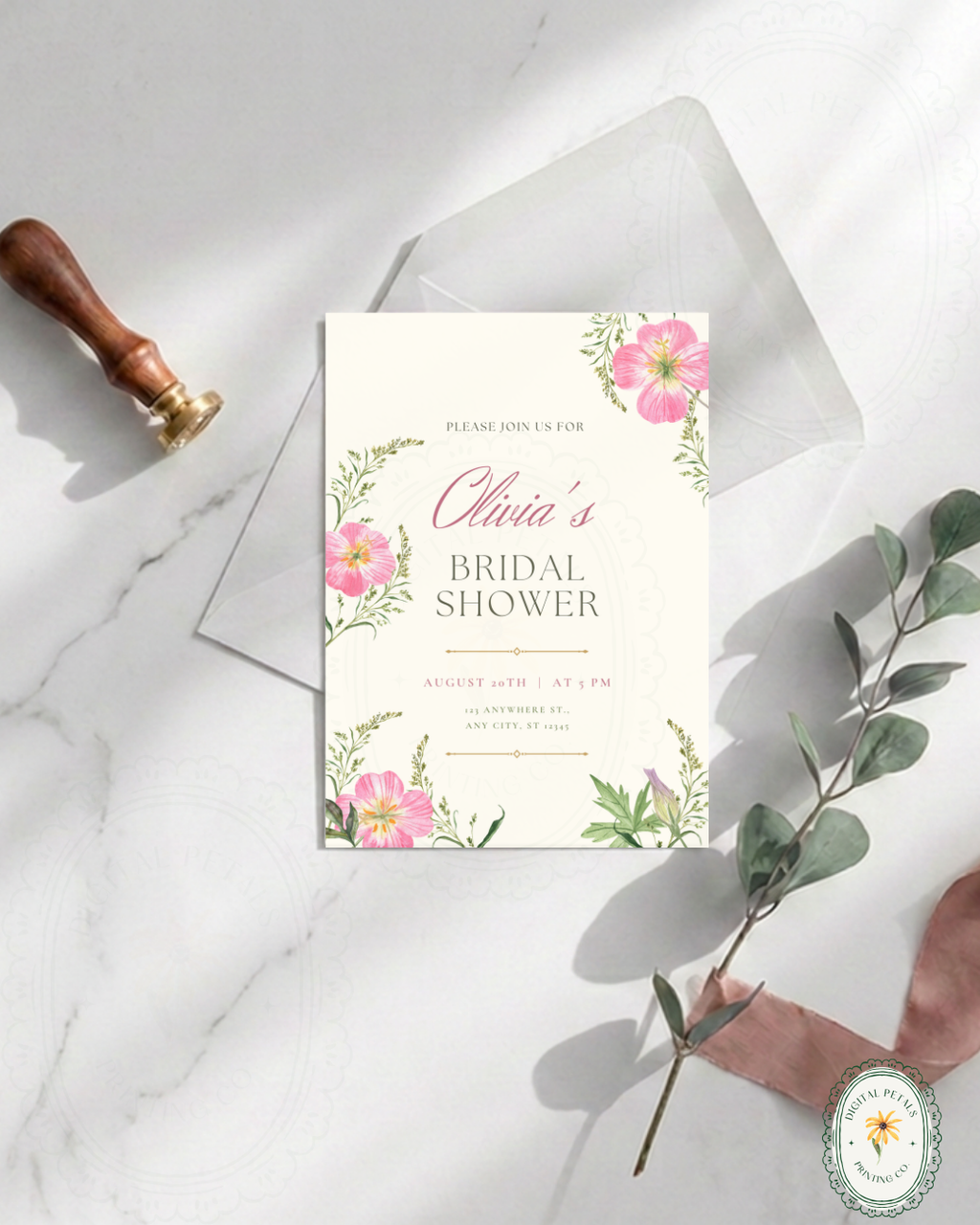 Dusty Rose & Blush Pink Wildflower Bridal Shower Invitation | Minimalist Printable Invite | Digital Download