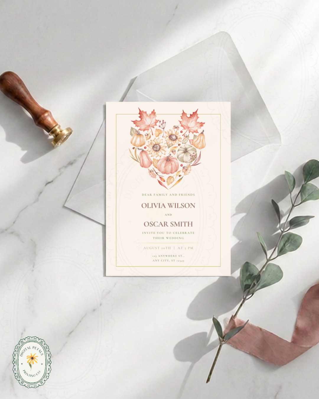 Burgundy Fall Leaves Wedding Invitation Template | Editable Canva Digital Download