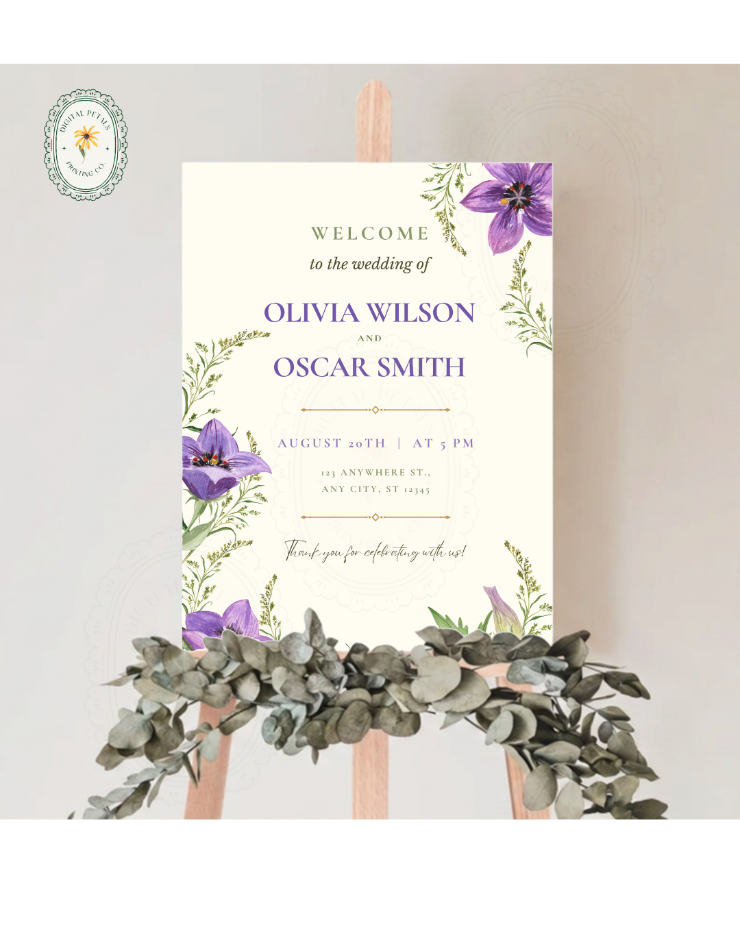 Violet & Periwinkle Wildflower Wedding Welcome Sign | Editable Canva Template | Digital Download