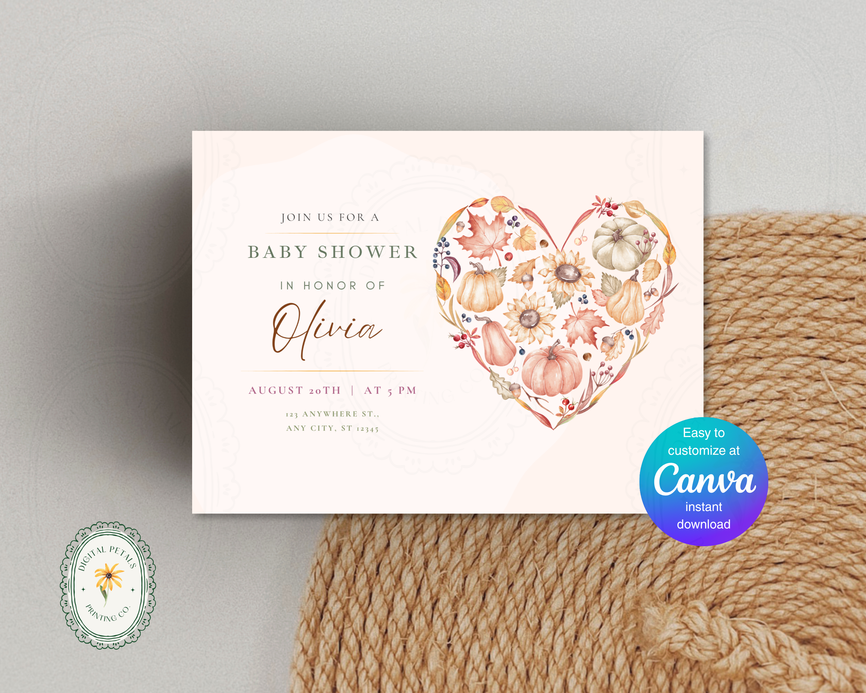 Autumn Heart Baby Shower Invitation | Autumn Floral Landscape | Canva Digital Download