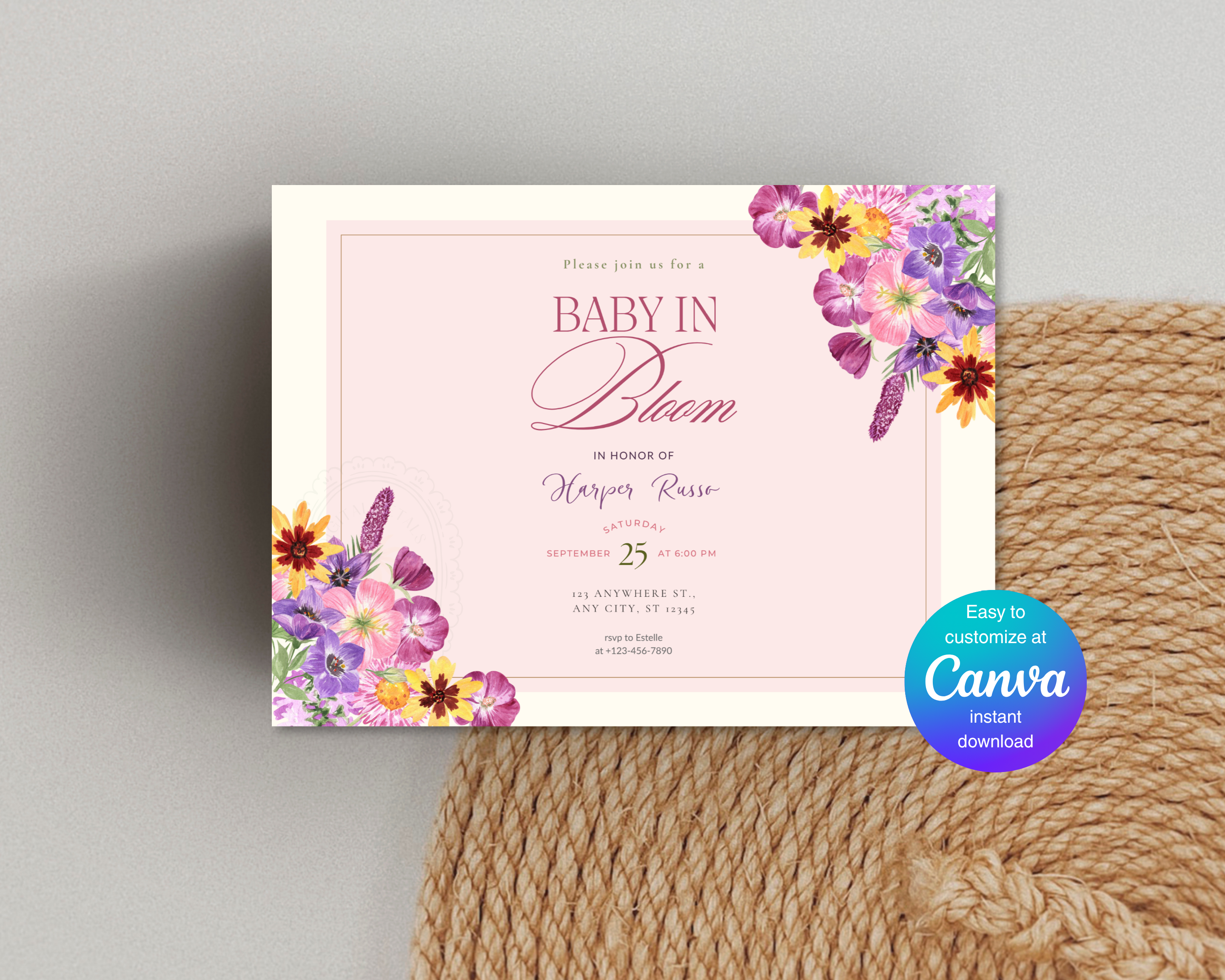 Baby in Bloom Spring Boho Baby Shower Invitation | Landscape Digital Download | Canva Editable