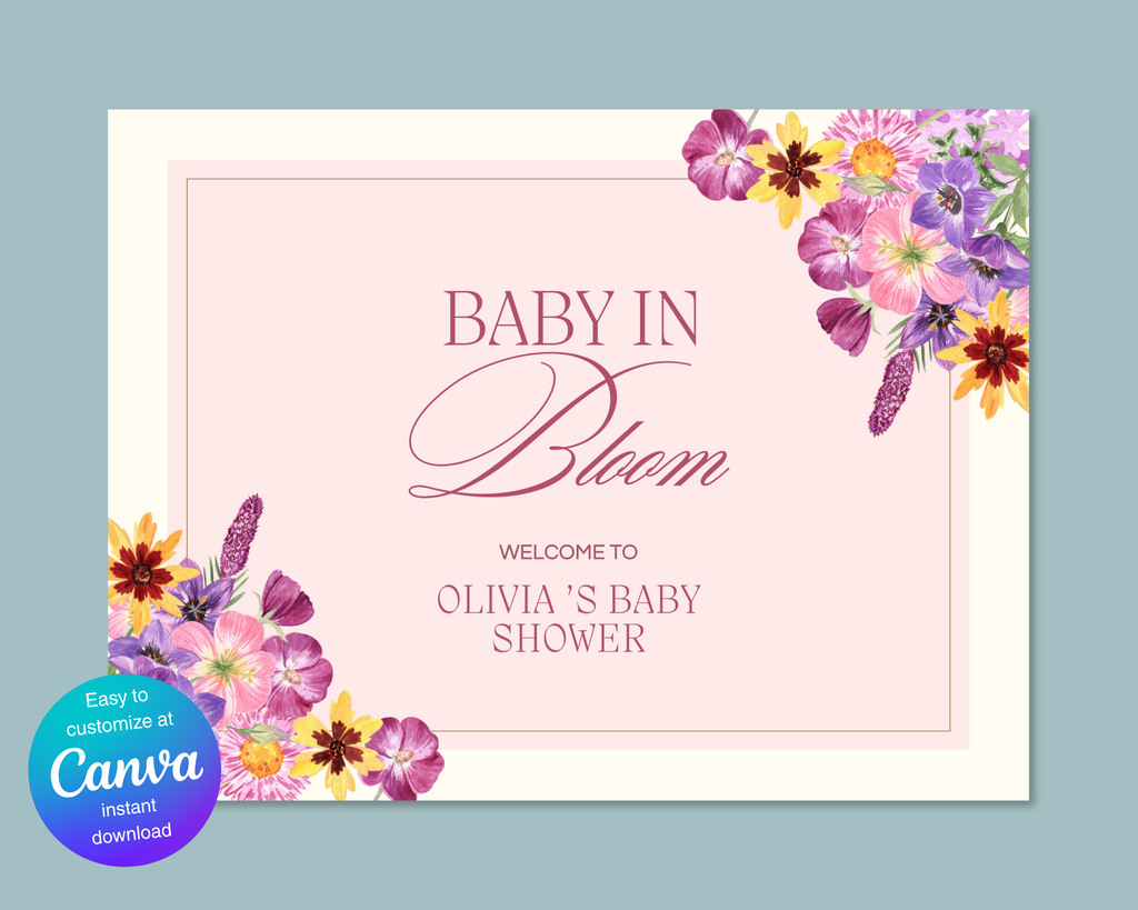 Baby in Bloom Spring Baby Shower Welcome Sign | Floral Canva Template | Editable Digital Download